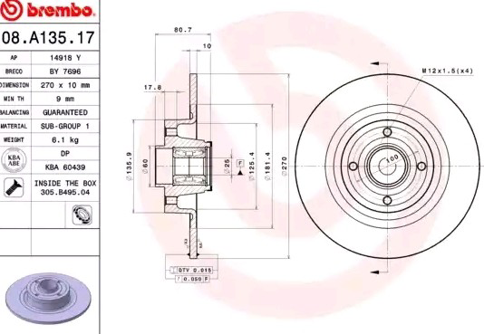 08A13517 Brembo Дисковый тормоз