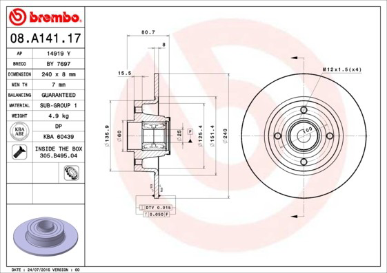 Купить 08A14117 Brembo Диск тормозной задний