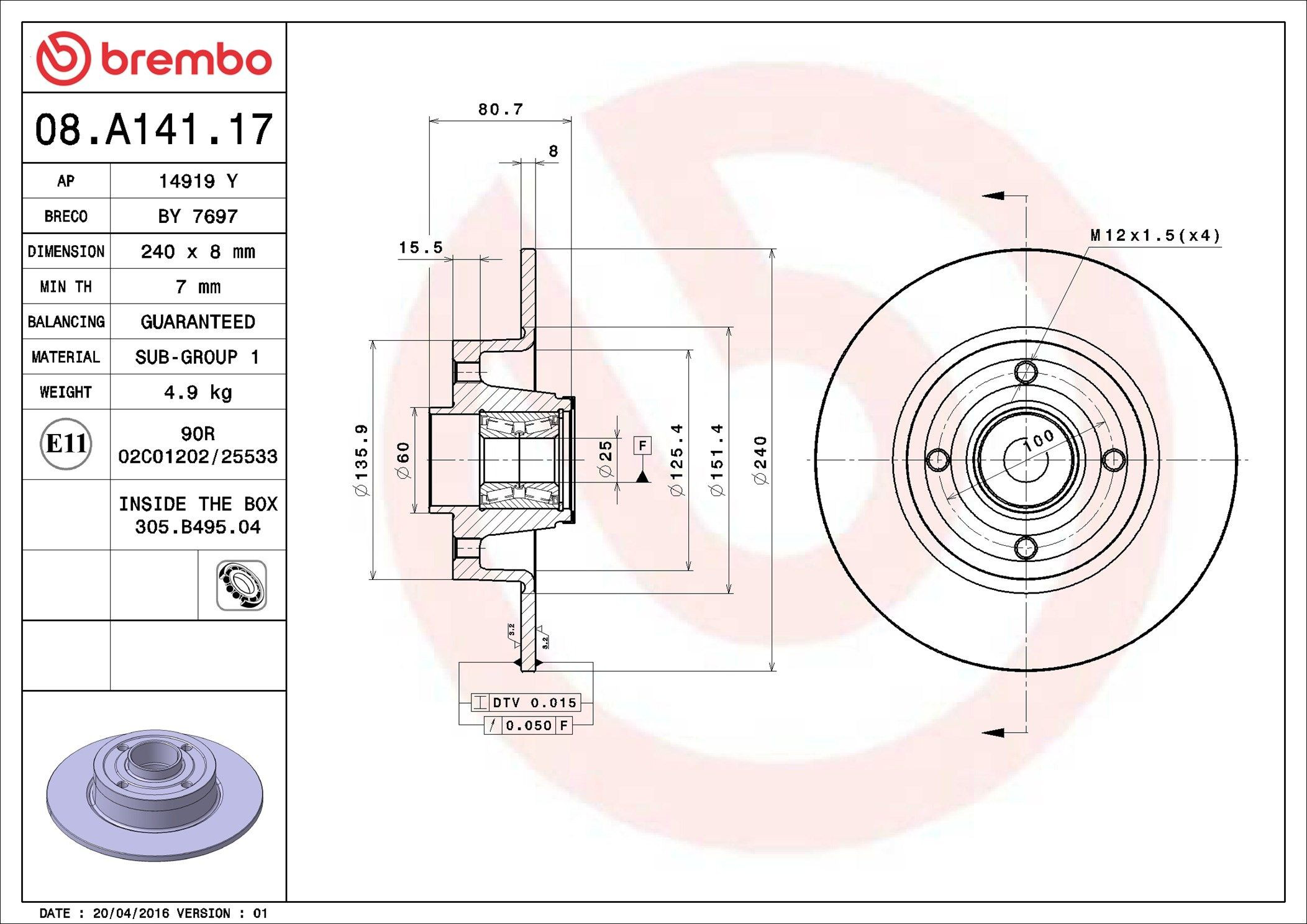 Задний тормозной диск Brembo 08A14117 цена, от 81.77 USD