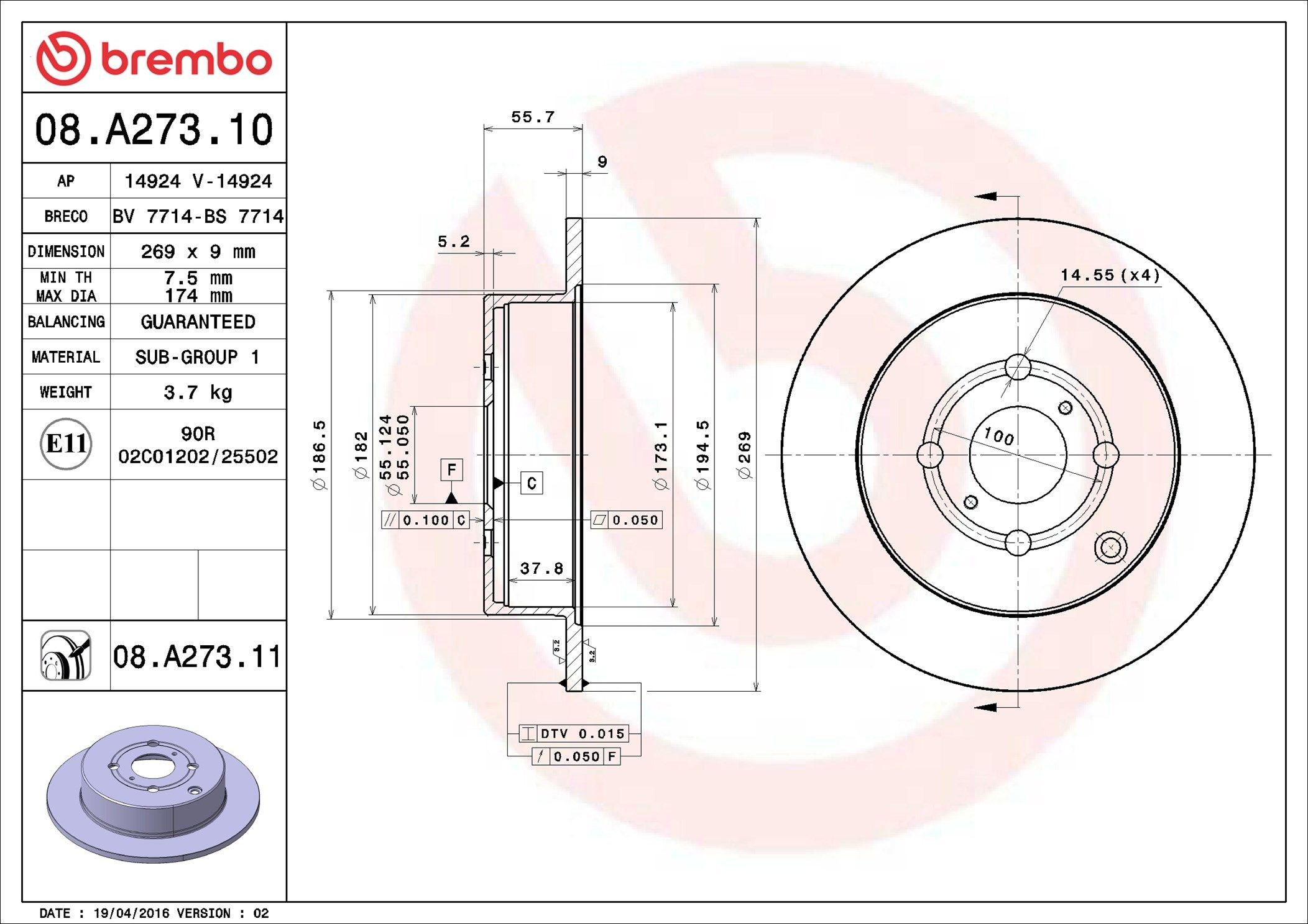 Задний дисковый тормоз Brembo 08A27311