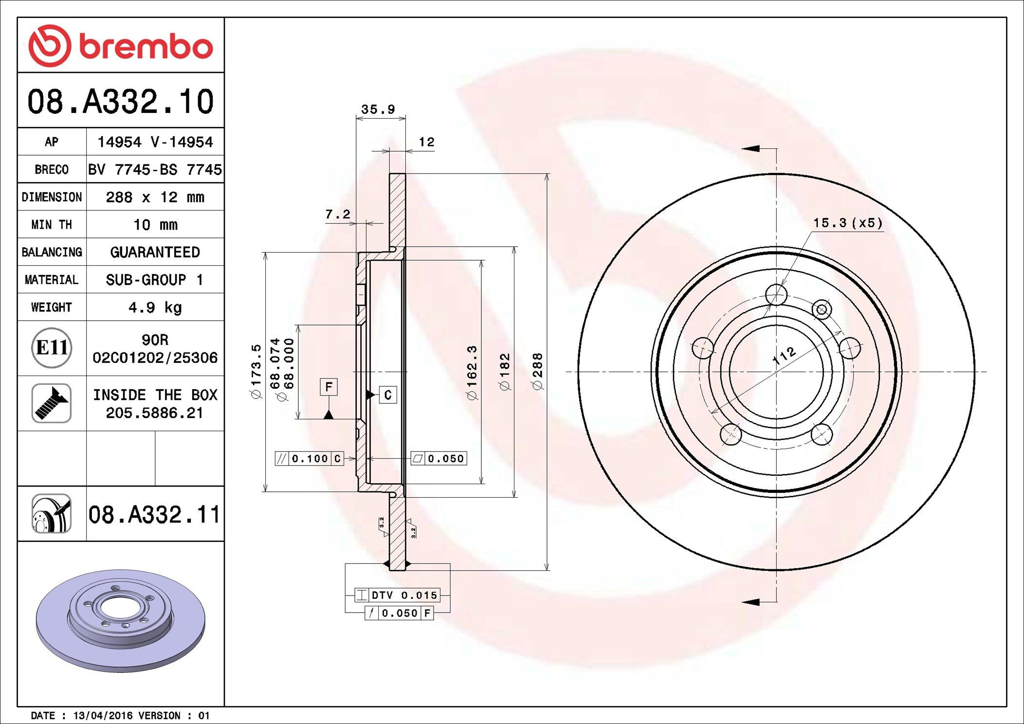 Задний тормозной диск Brembo 08A33211 цена, от 42.26 USD