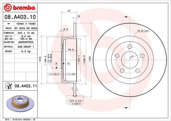 Передние тормозные диски 08A40311 Brembo