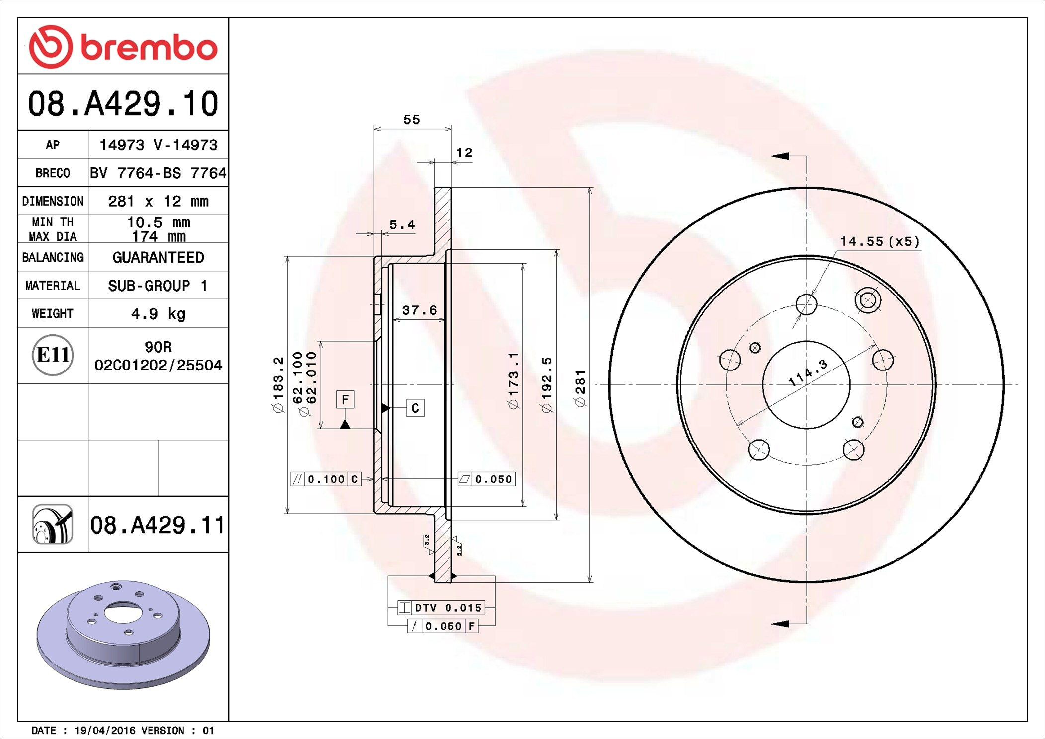 Задний тормозной диск Brembo 08A42910 цена, от 40.34 USD