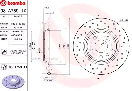 Задний тормозной диск Brembo 08A7591X цена, от 65.73 USD