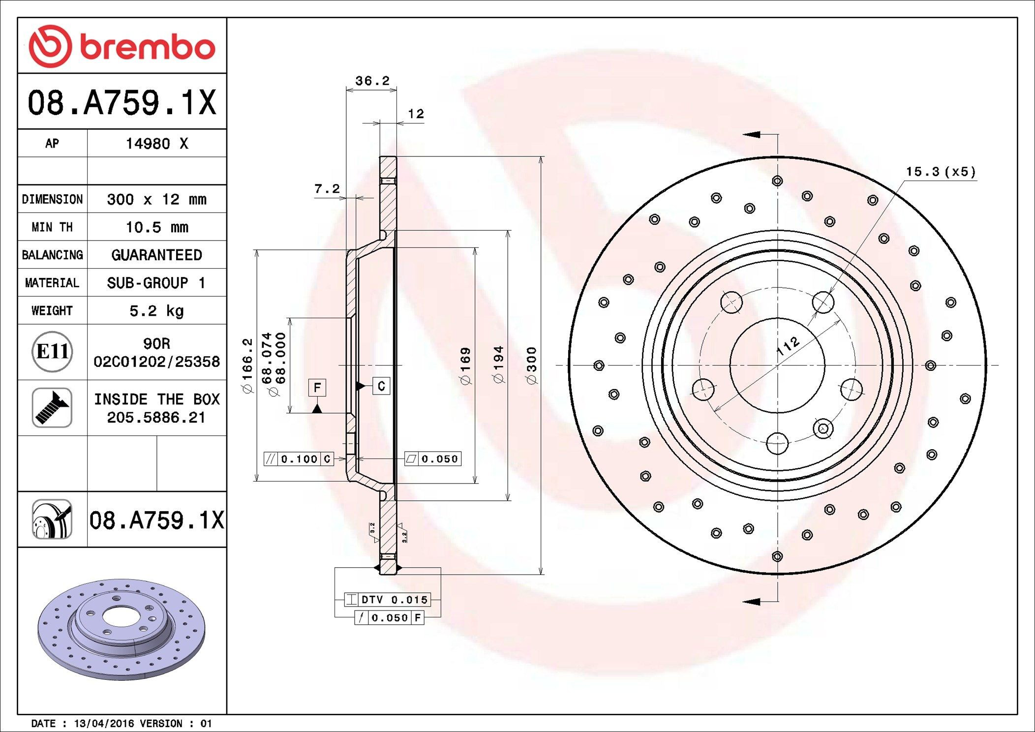 Задний тормозной диск Brembo 08A7591X цена, от 65.73 USD