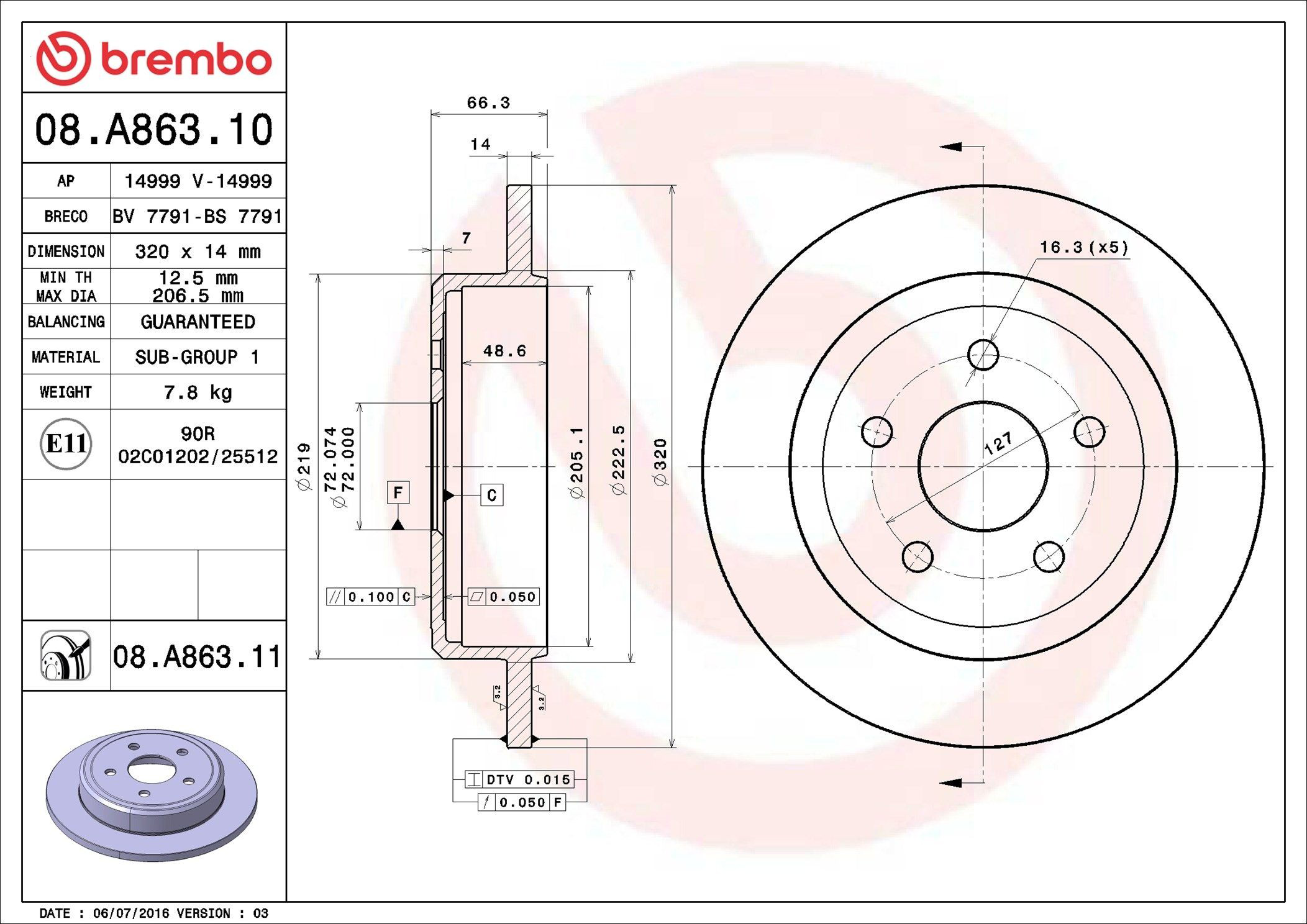 Задний тормозной диск Brembo 08A86311 цена, от 71.61 USD