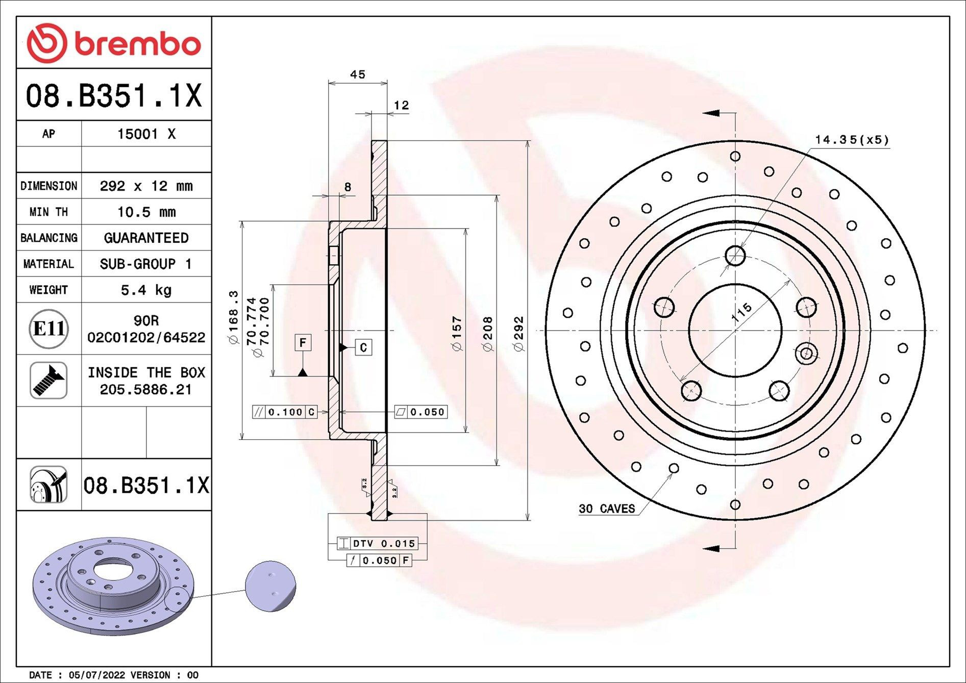 Задний тормозной диск Brembo 08B3511X цена, от 46.30 USD