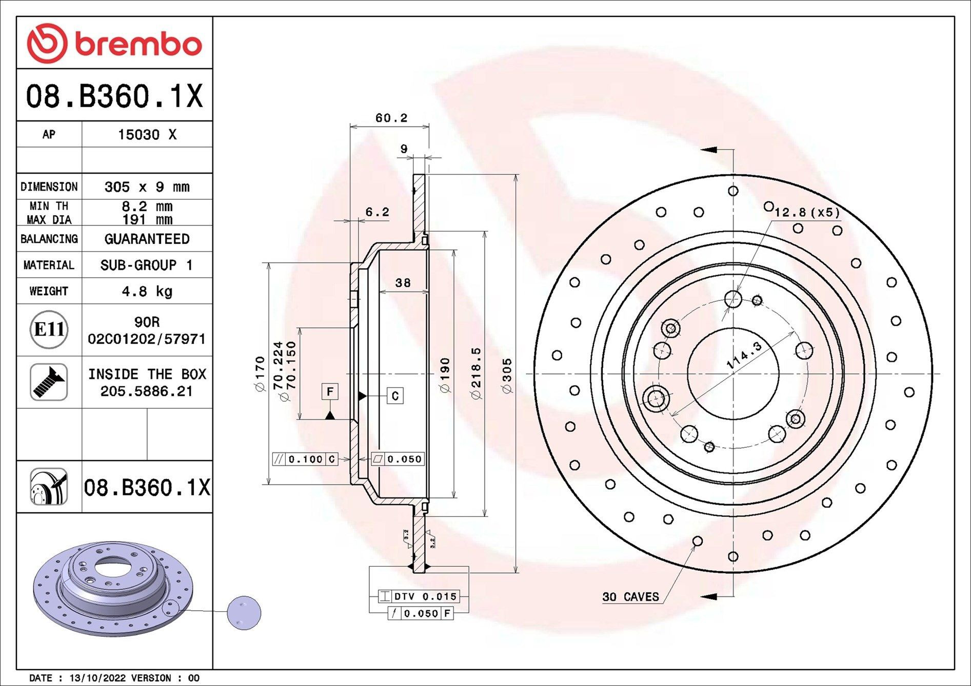 08B3601X Brembo Дисковый тормоз