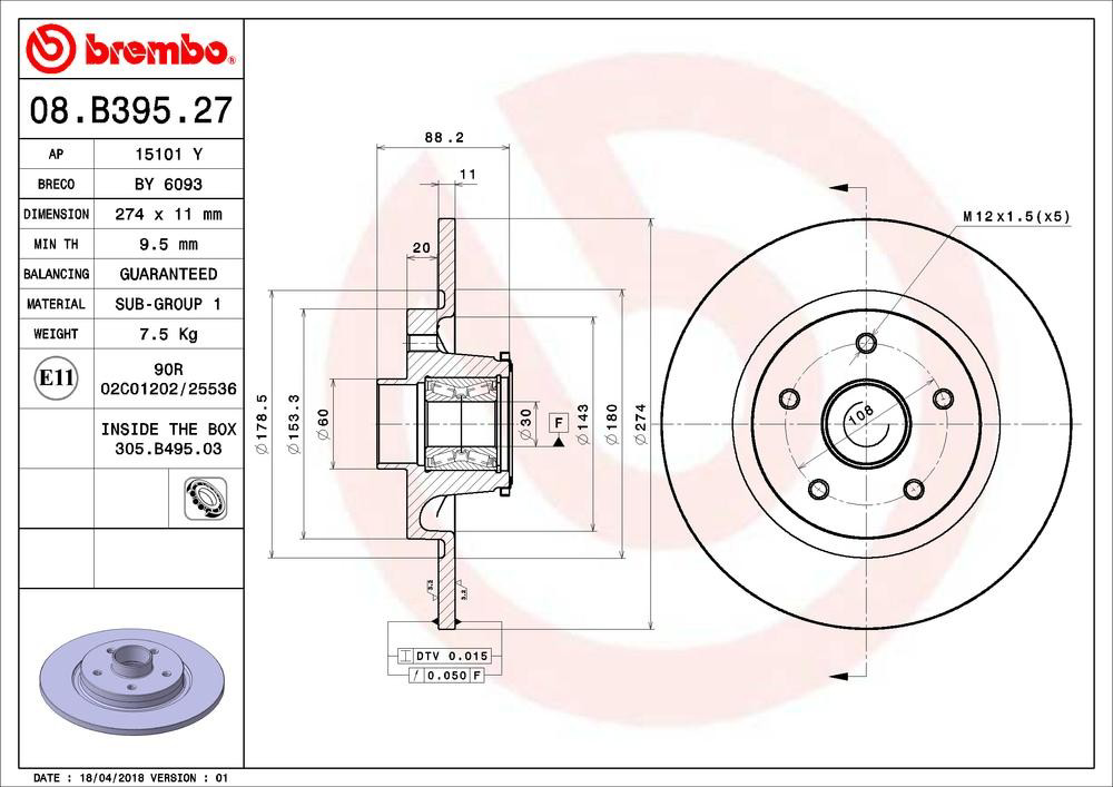 Купить 08B39527 Brembo Диск тормозной задний