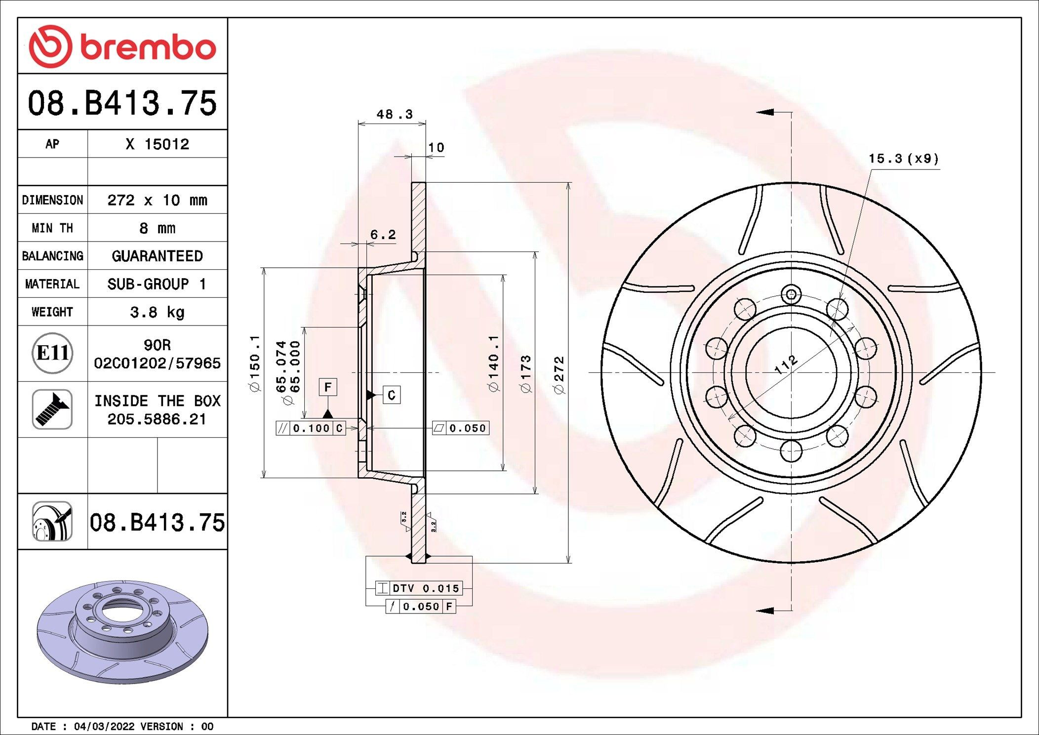 Тормозные диски 08B41375 Brembo