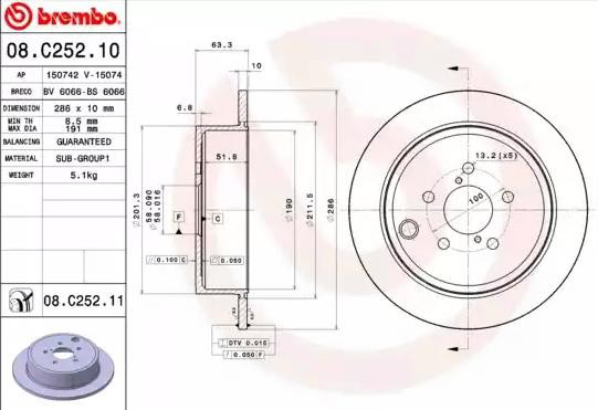 Задний тормозной диск Brembo 08C25211 цена, от 44.73 USD