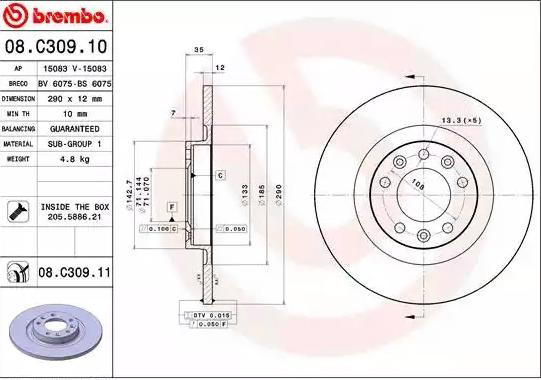 Задний тормозной диск Brembo 08C30911 цена, от 47.44 USD