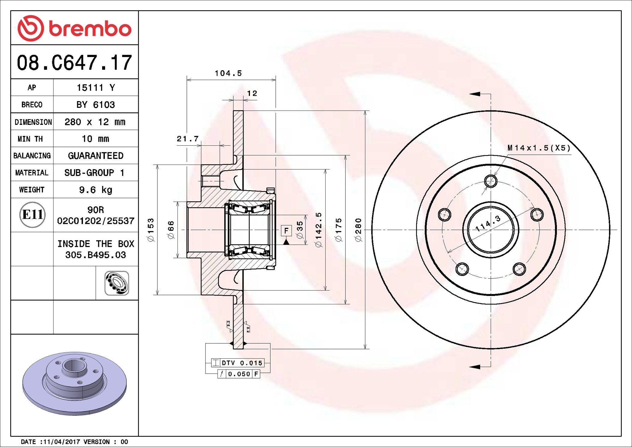Задний тормозной диск Brembo 08C64717 цена, от 125.90 USD