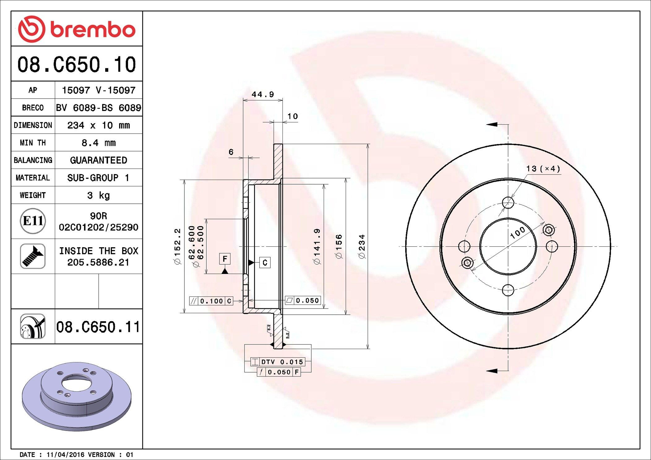Тормозные диски 08C65011 Brembo