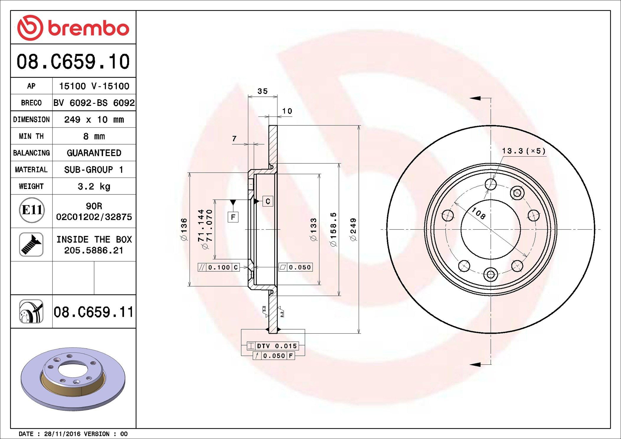 Купить 08C65911 Brembo Диск тормозной задний