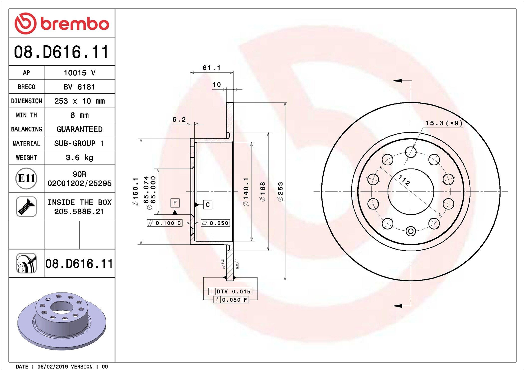 Тормозные диски 08D61611 Brembo