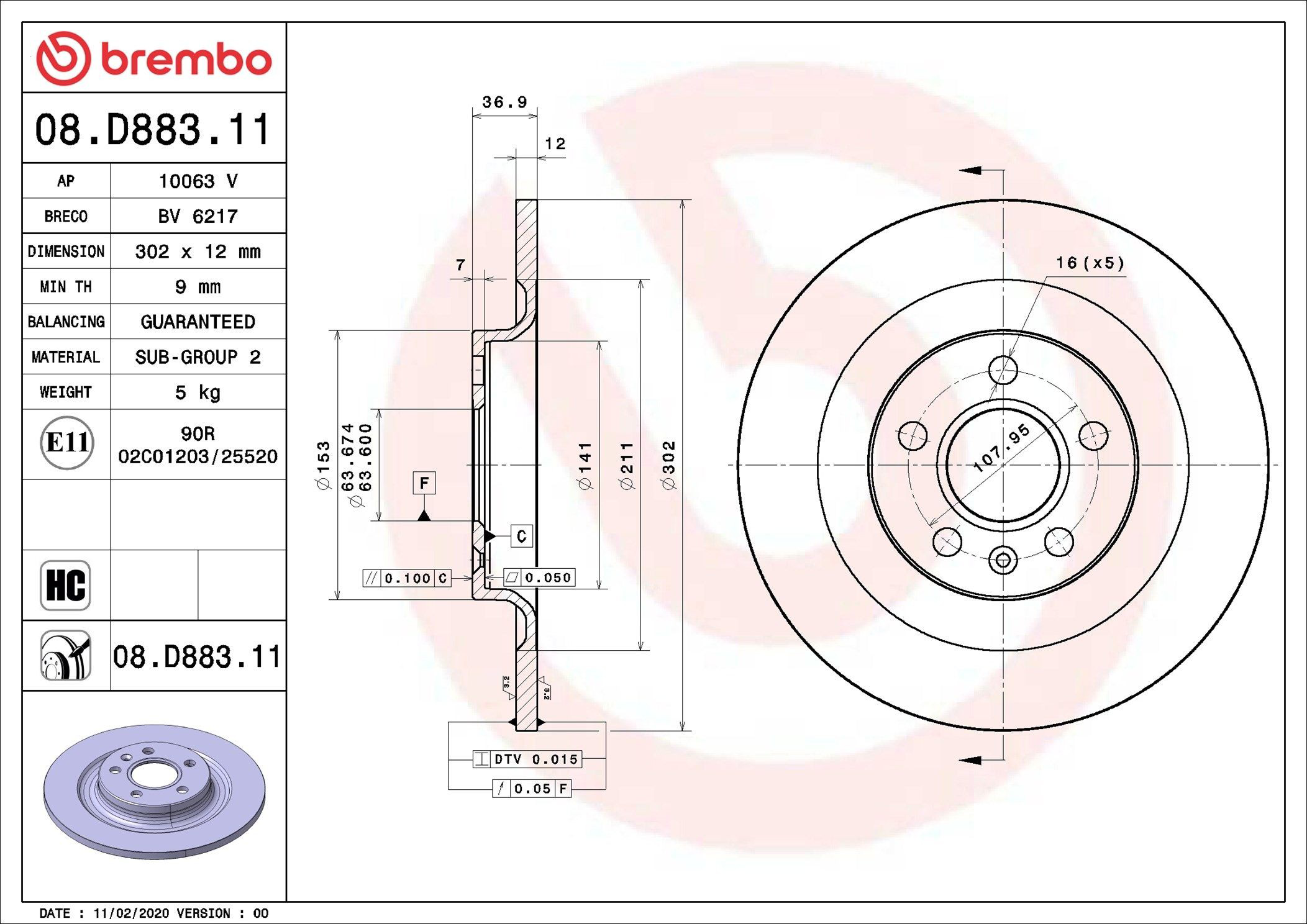 Тормозные диски 08D88311 Brembo