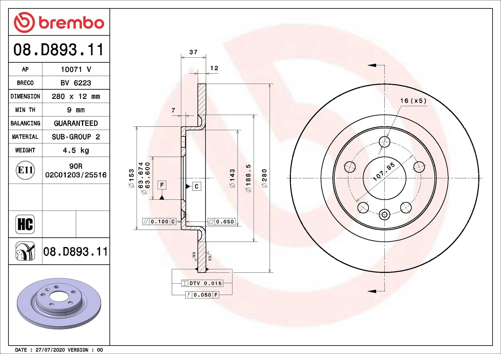 Тормозные диски 08D89311 Brembo