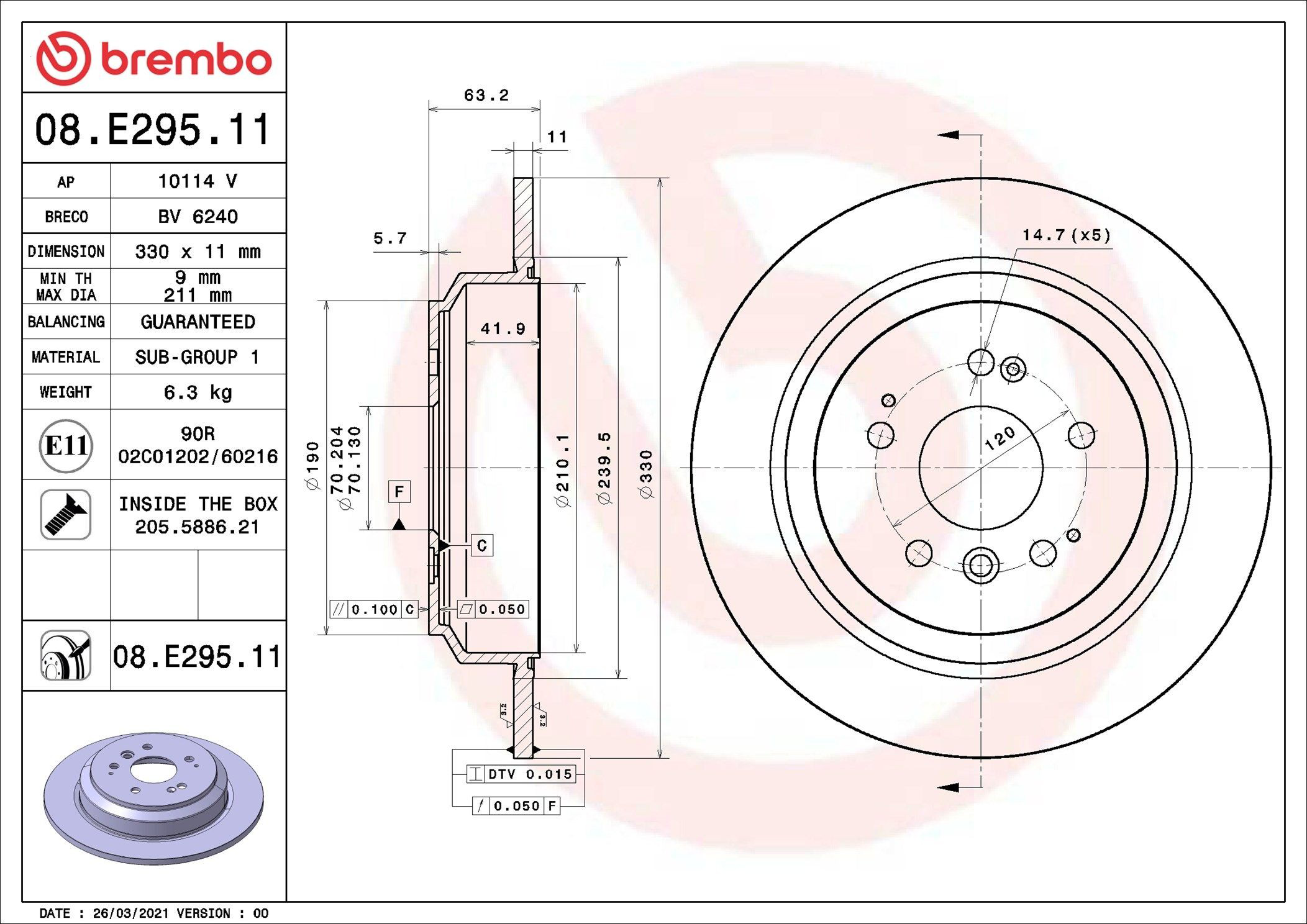 Купить 08E29511 Brembo Диск тормозной задний