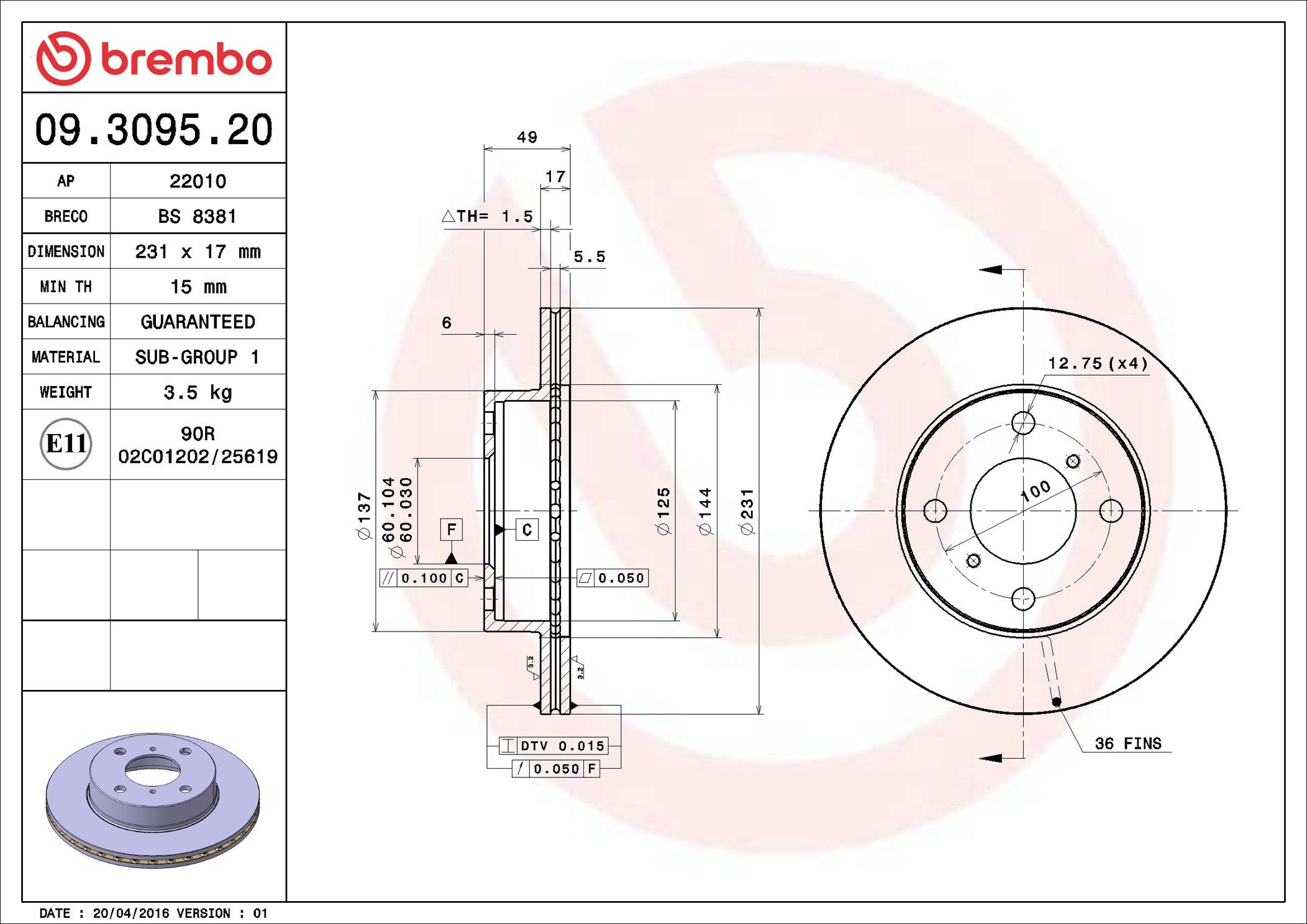 Тормоз дисковый передний Brembo 09309520 цена, от 22.63 USD