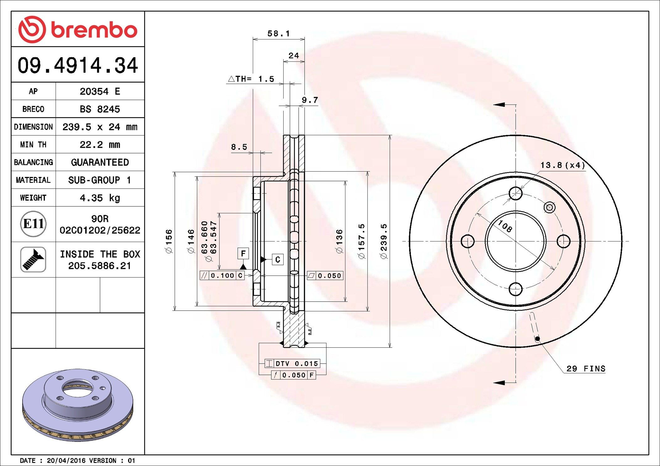Тормоз дисковый передний Brembo 09491434 цена, от 29.23 USD