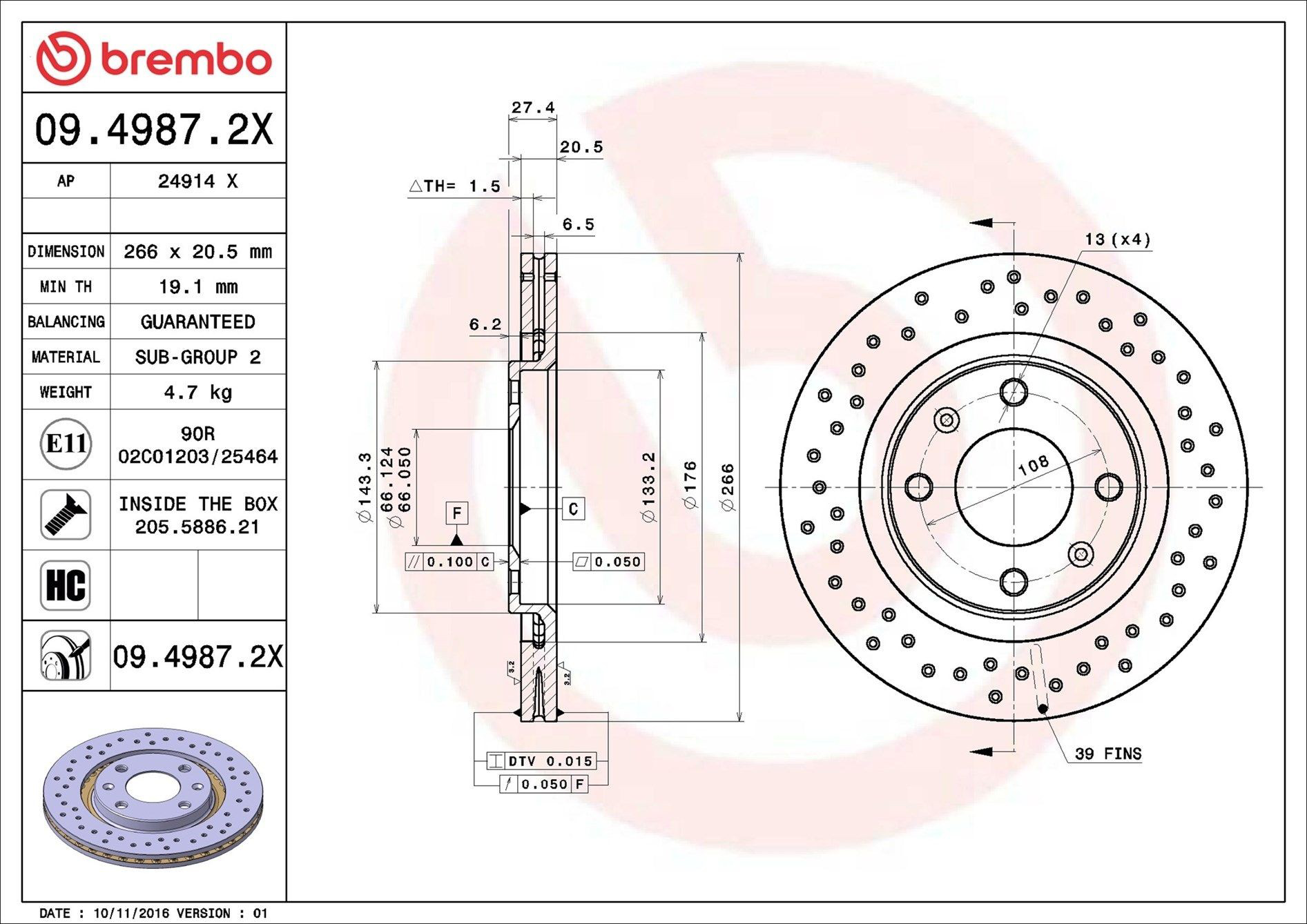 Тормоз дисковый передний Brembo 0949872X цена, от 23.59 USD