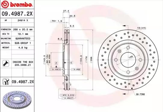 Тормоз дисковый передний Brembo 0949872X цена, от 23.59 USD