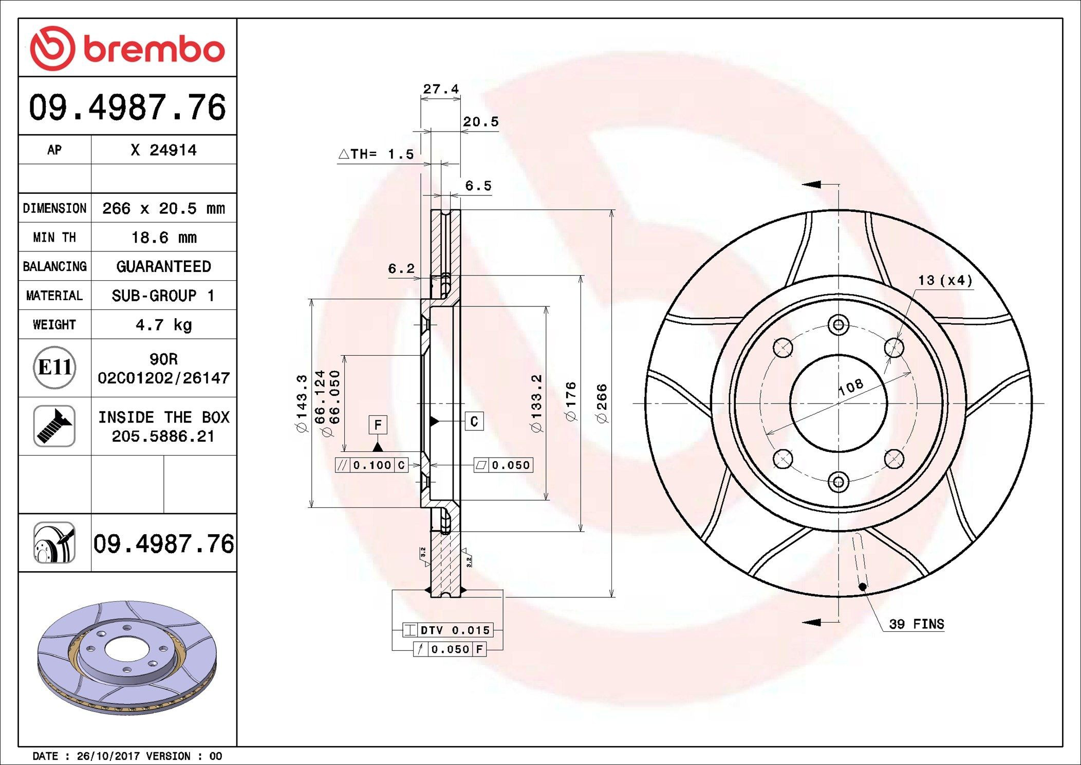 Тормоз дисковый передний Brembo 09498776 цена, от 23.59 USD