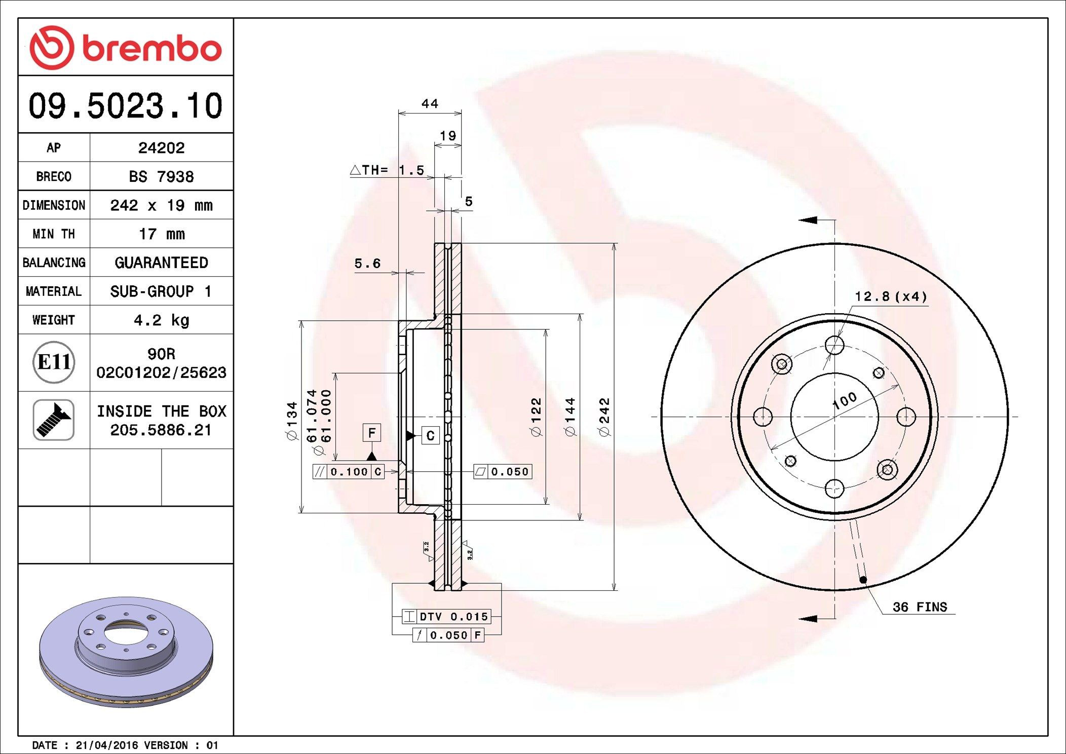 Тормоз дисковый передний Brembo 09502310 цена, от 42.55 USD