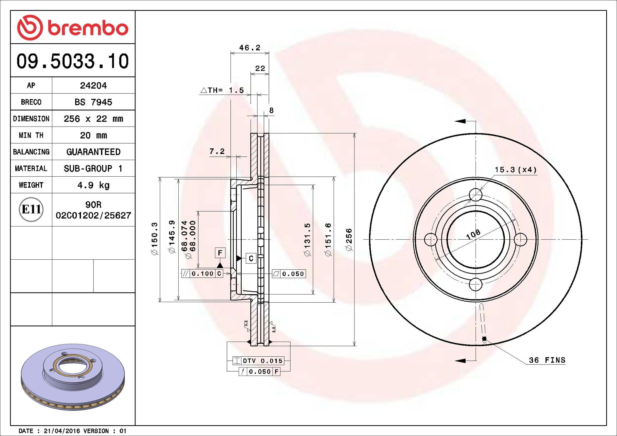 Передний тормозной диск Brembo 09503310