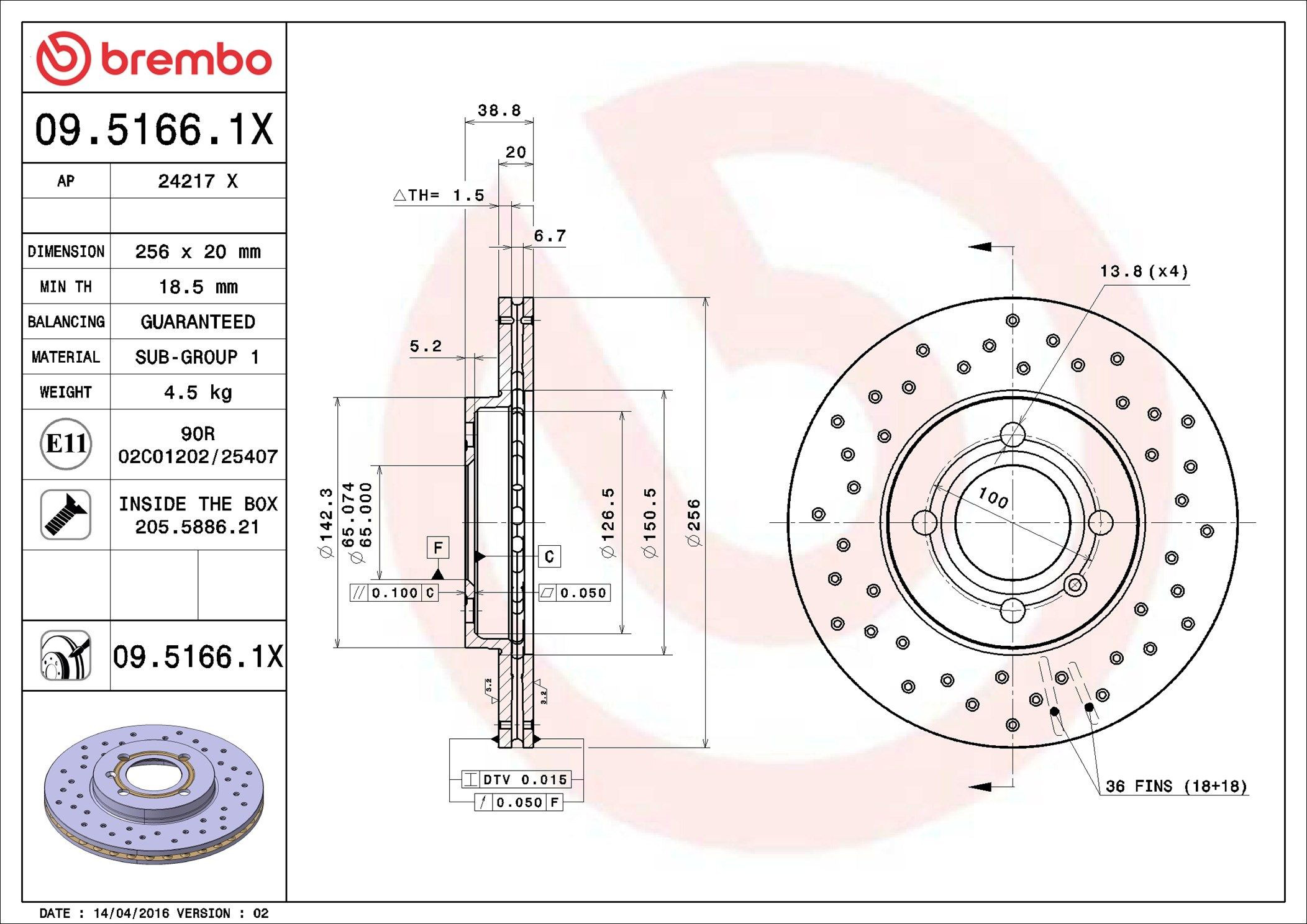 Тормоз дисковый передний Brembo 0951661X цена, от 25.42 USD