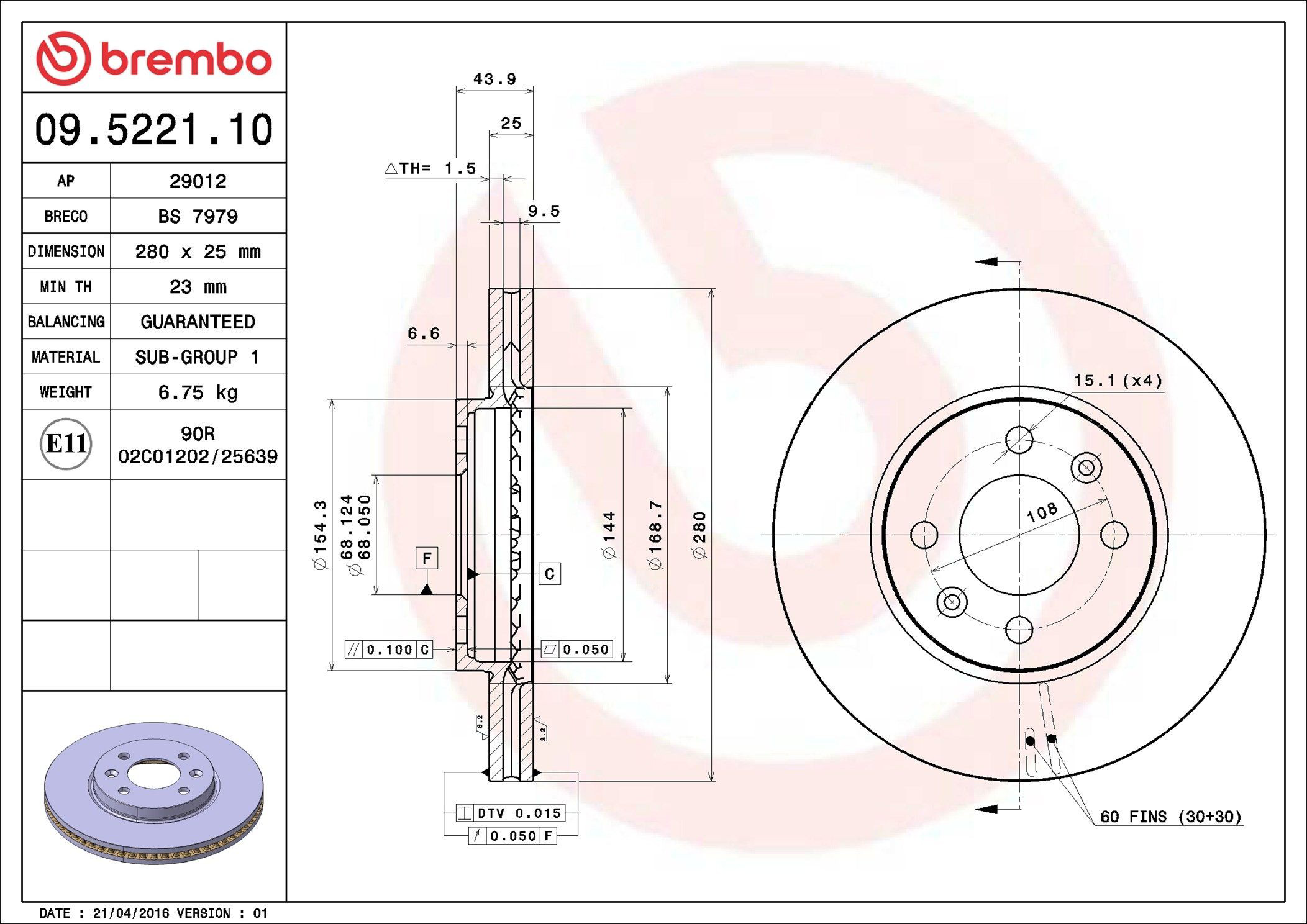 Тормоз дисковый передний Brembo 09522110 цена, от 40.25 USD