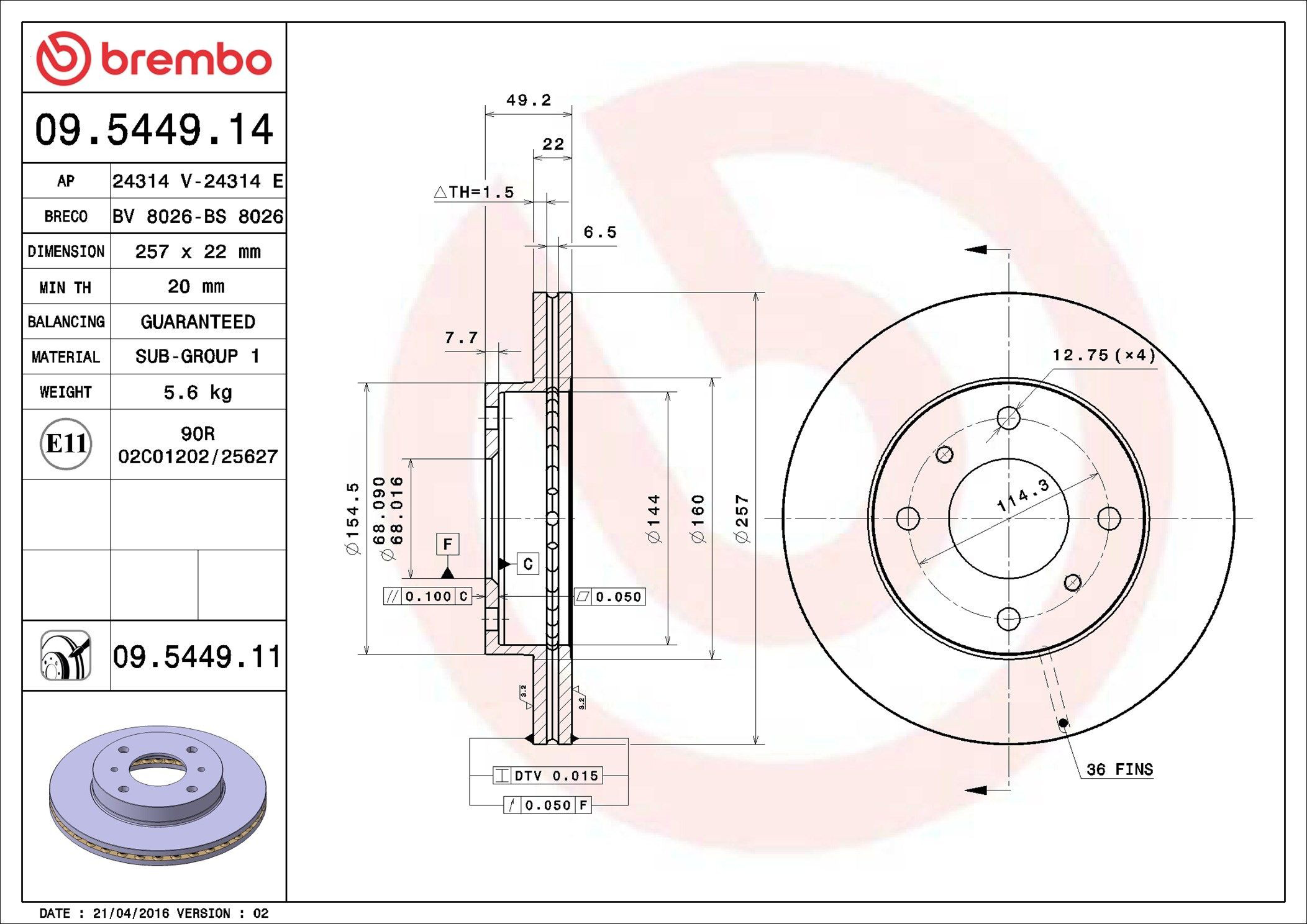 09544911 Brembo Диск тормозной передний