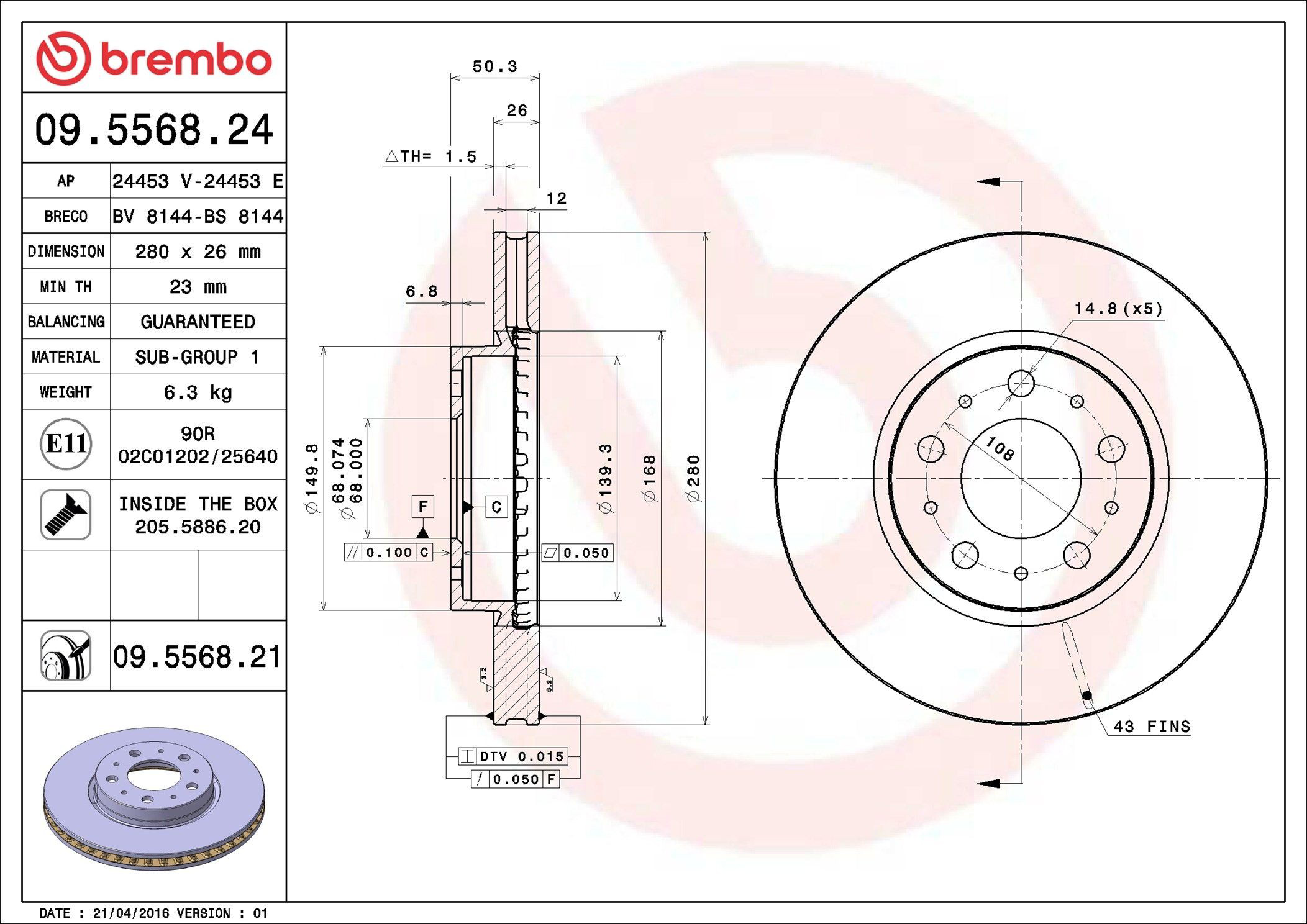 09556821 Brembo Диск тормозной передний