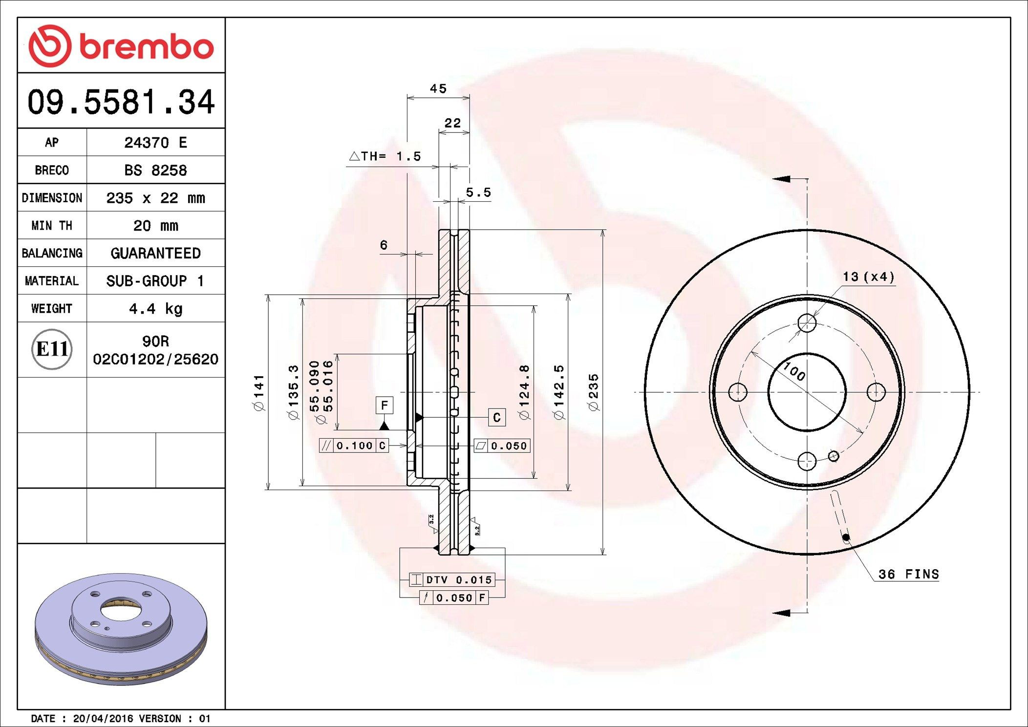 Тормоз дисковый передний Brembo 09558134 цена, от 25.34 USD