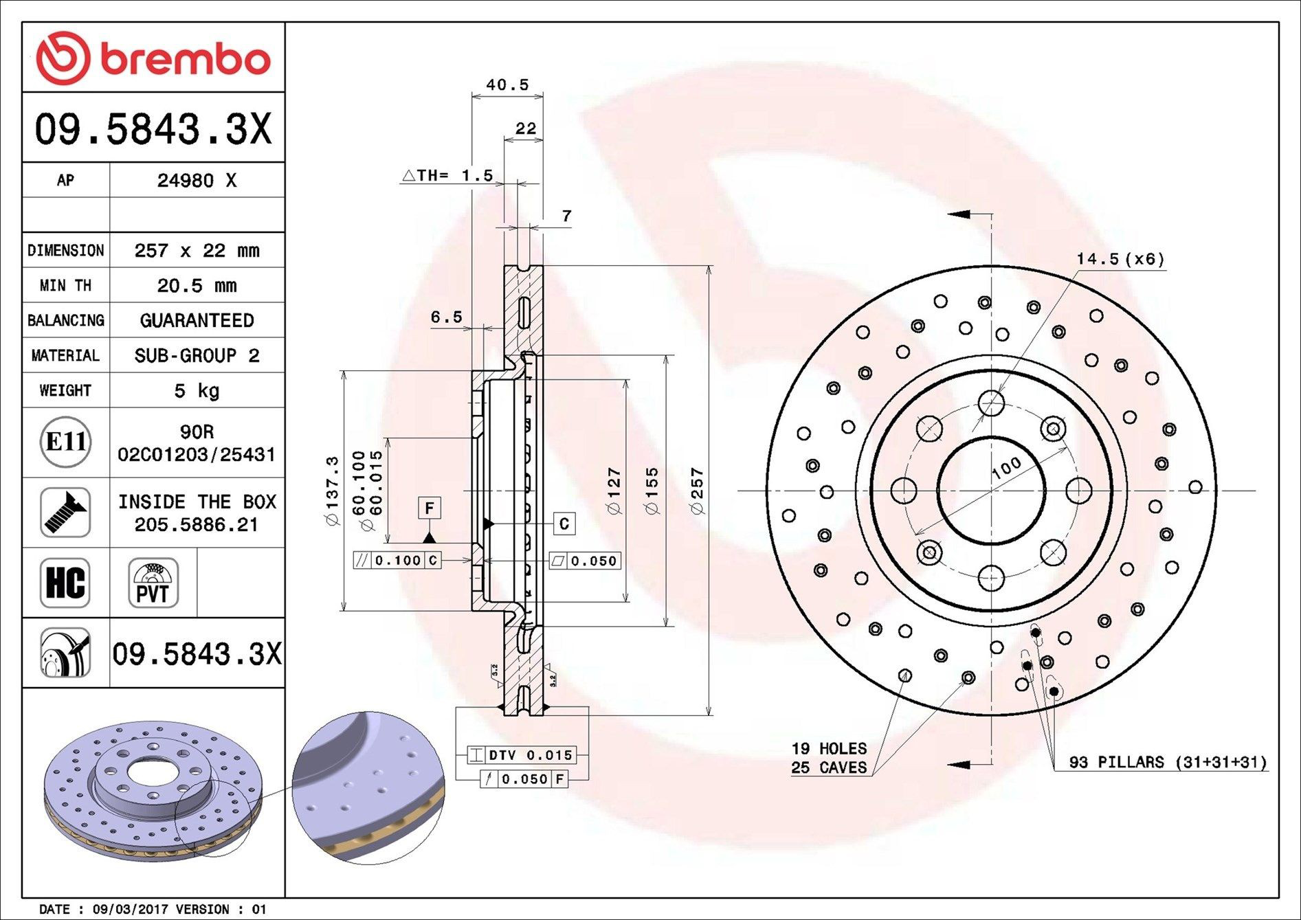 Передний тормозной диск Brembo 0958433X