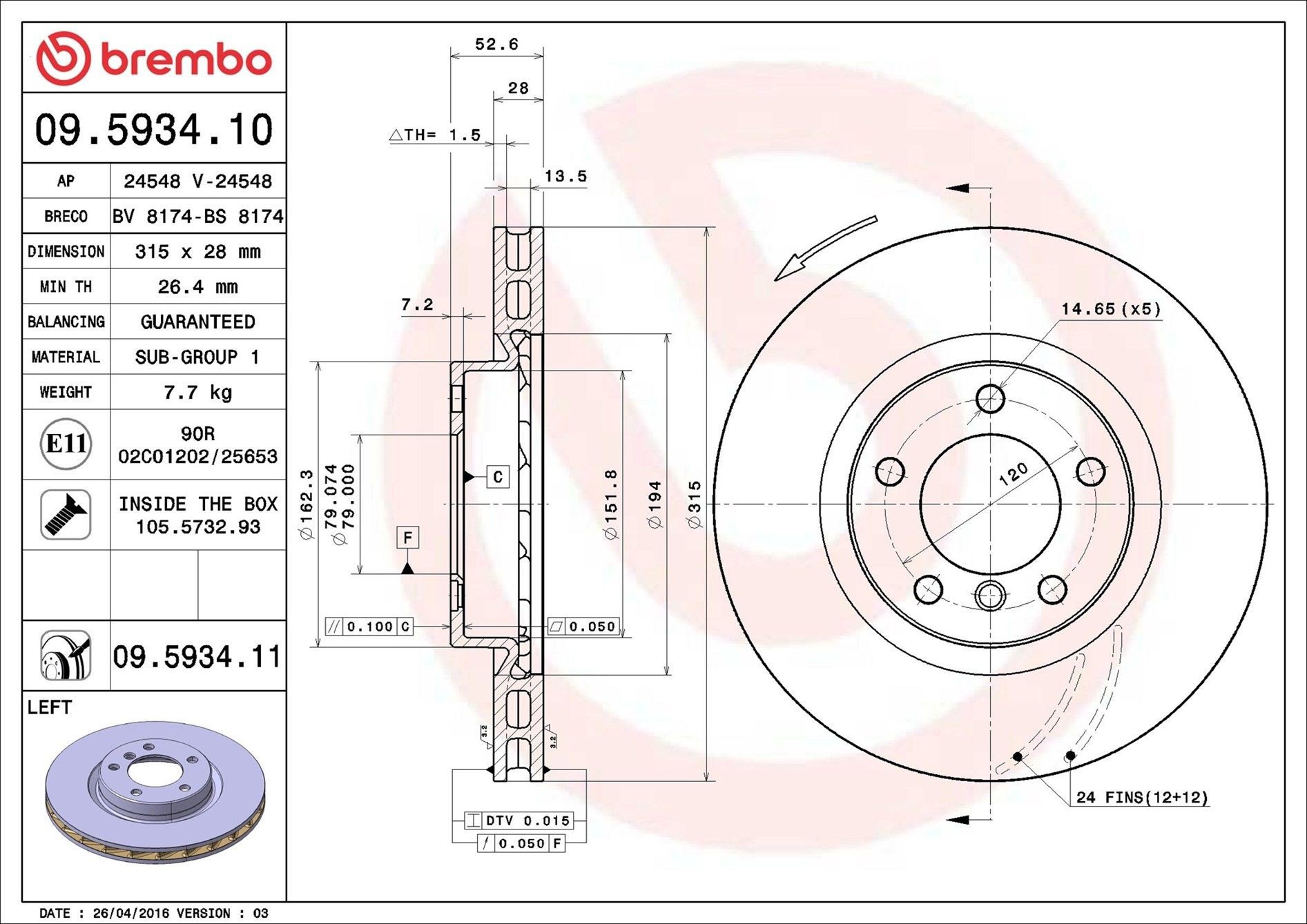 Тормоз дисковый передний Brembo 09593411 цена, от 80.82 USD