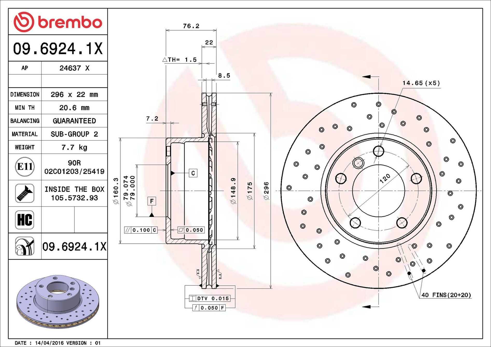 Передние тормозные диски 0969241X Brembo