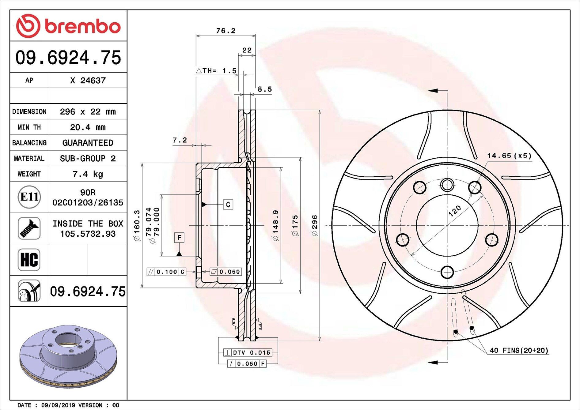 Передний тормозной диск Brembo 09692475