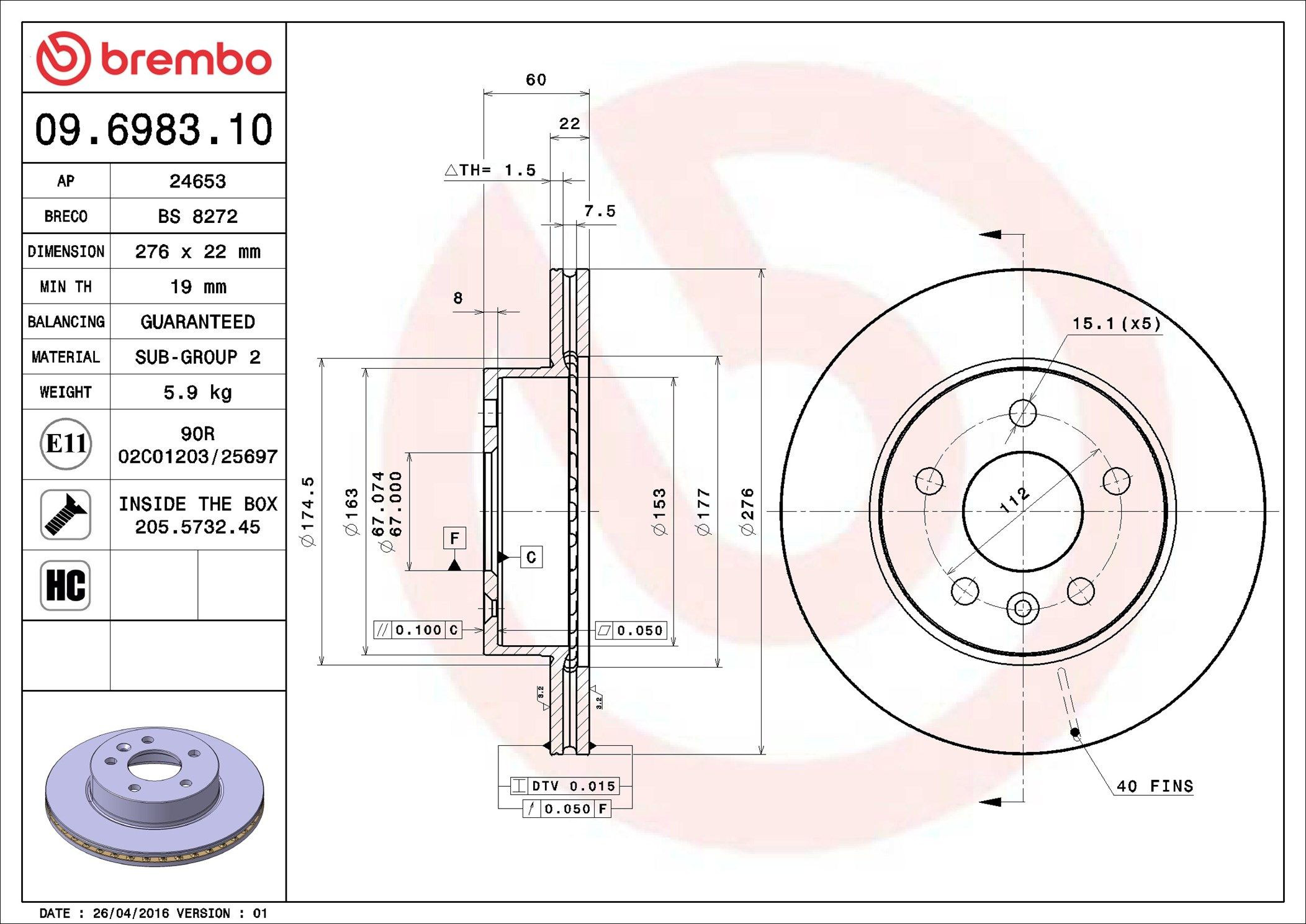 Передний тормозной диск Brembo 09698310