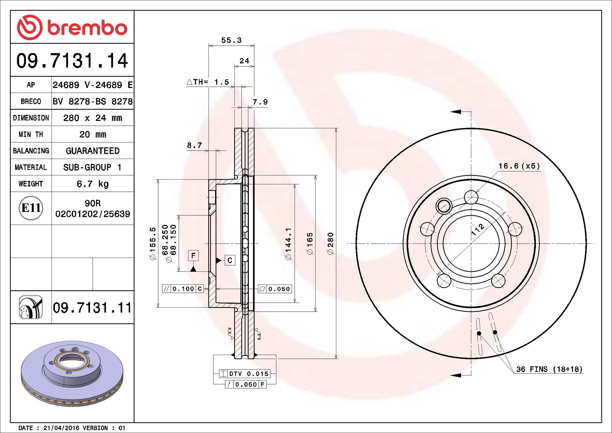 Тормоз дисковый передний Brembo 09713111 цена, от 38.17 USD