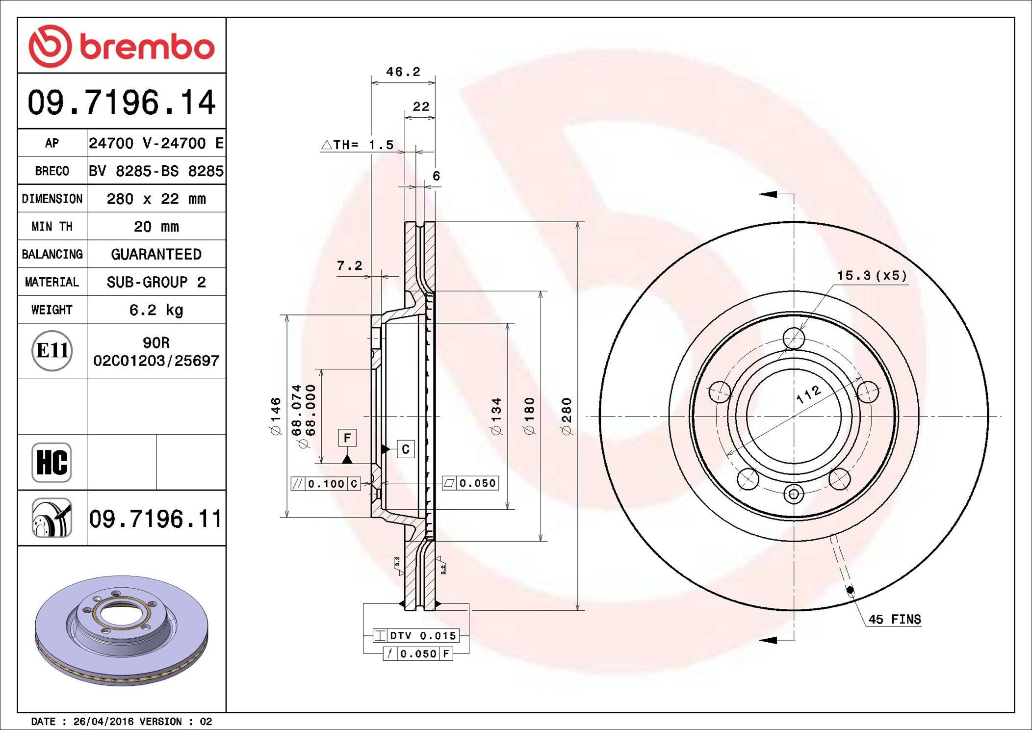 Тормоз дисковый передний Brembo 09719611 цена, от 39.82 USD