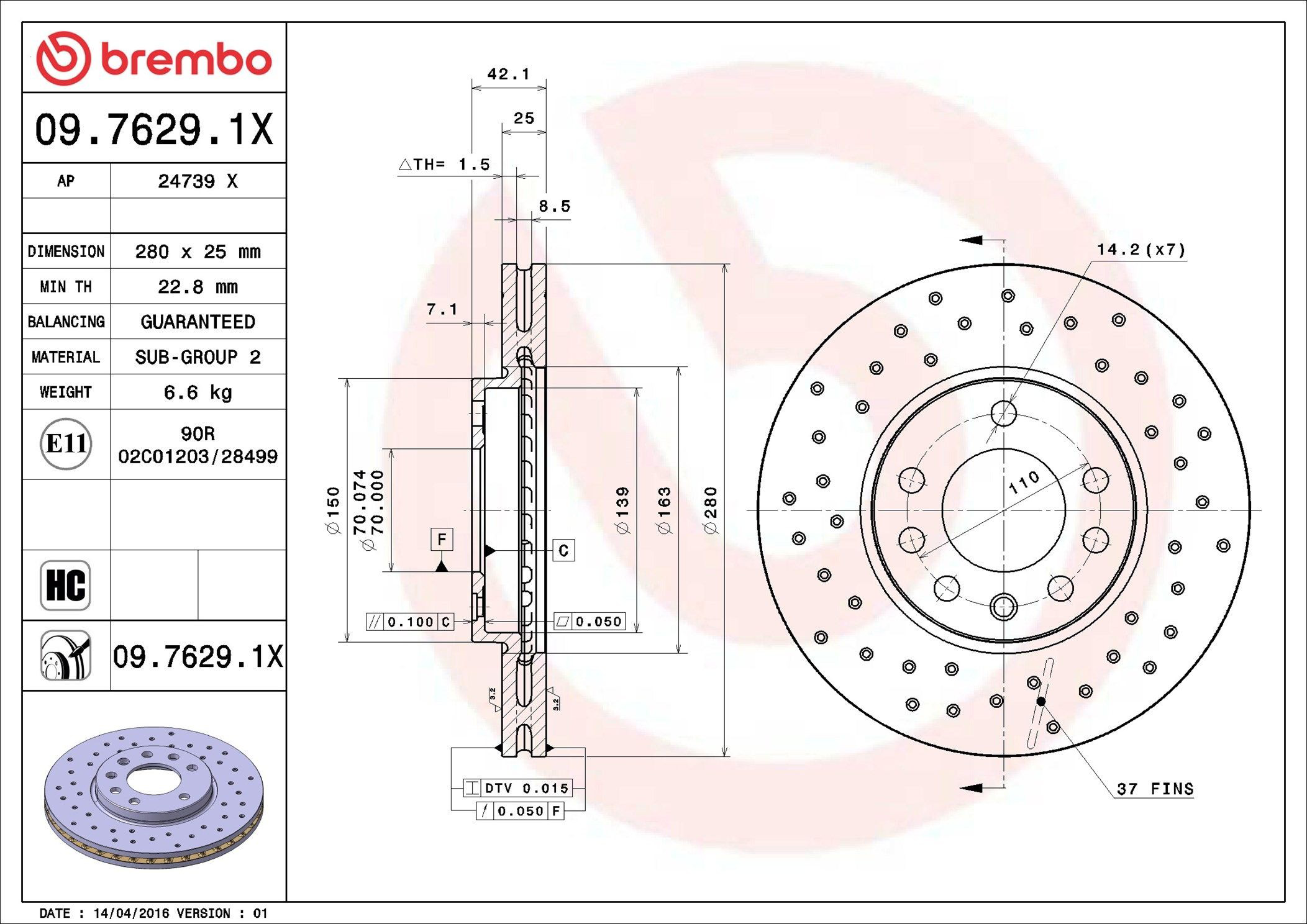 Тормоз дисковый передний Brembo 0976291X цена, от 45.49 USD