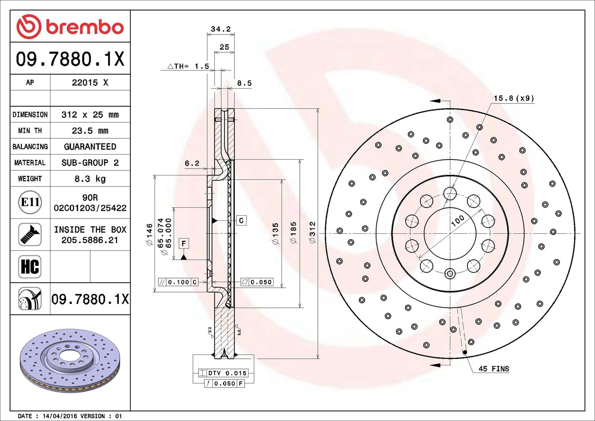 Тормоз дисковый передний Brembo 0978801X цена, от 64.38 USD