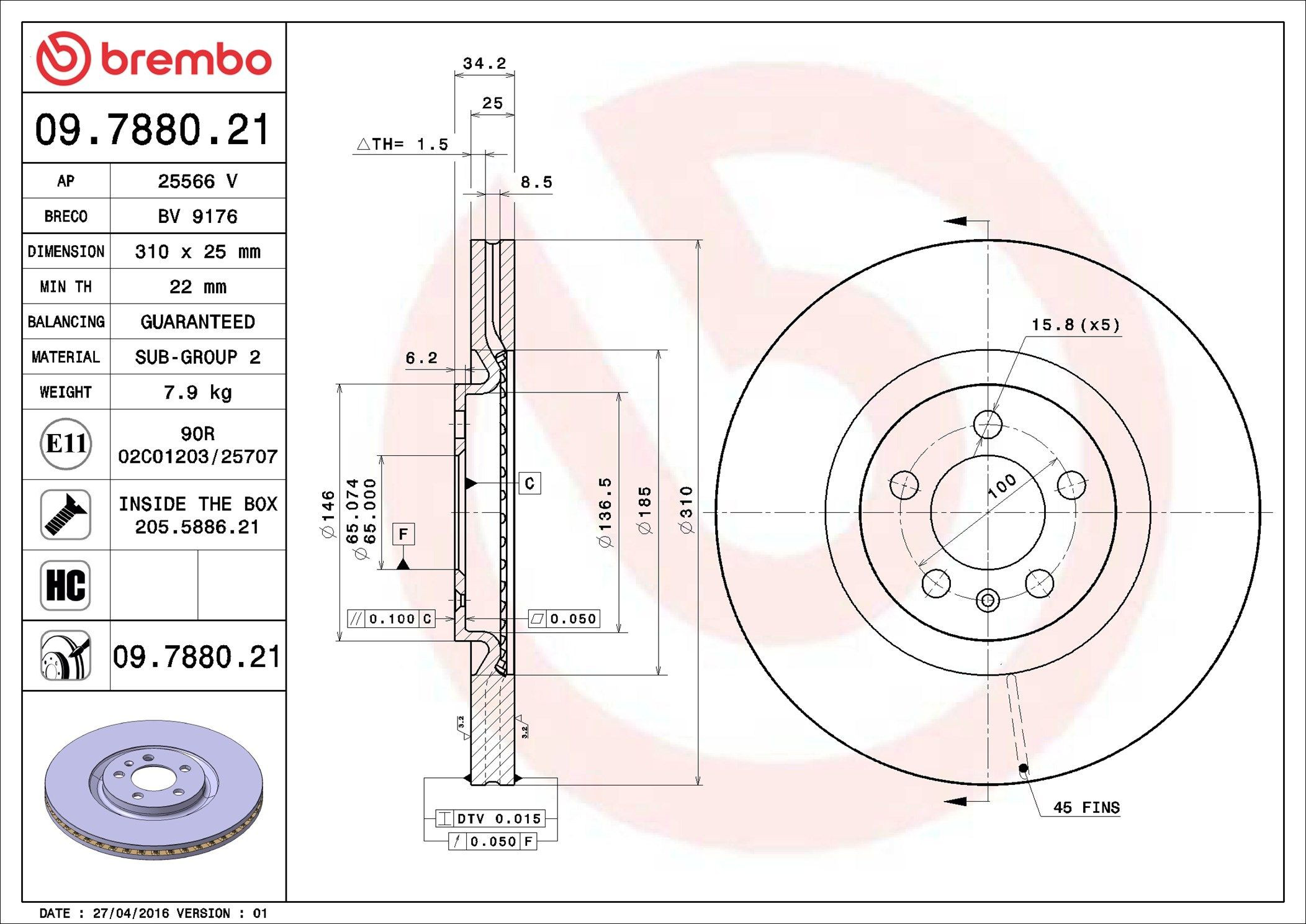 09788021 Brembo Диск тормозной передний