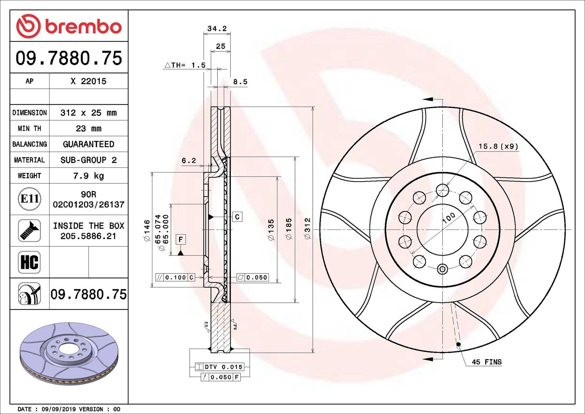 Тормоз дисковый передний Brembo 09788075 цена, от 63.01 USD
