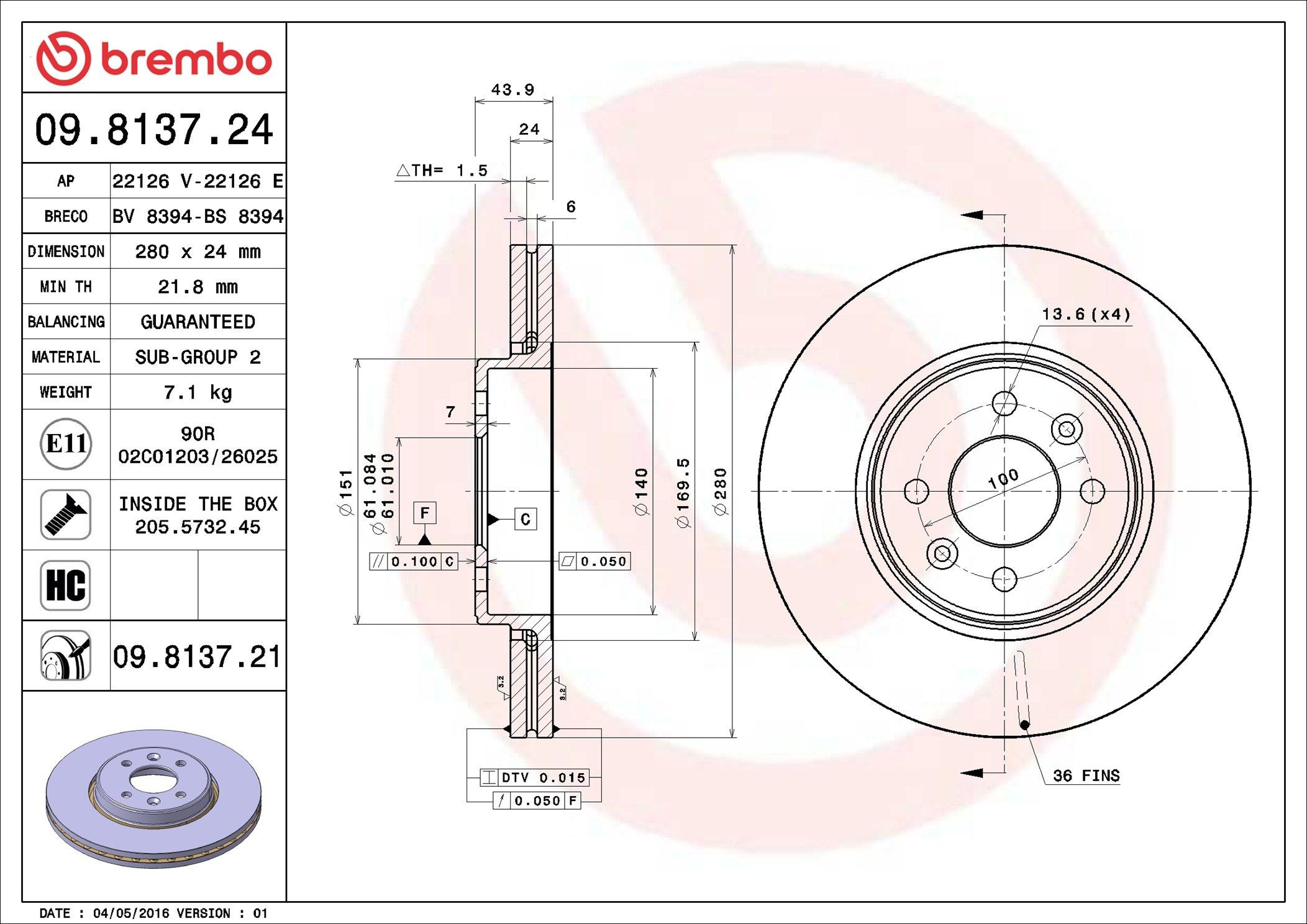 Тормоз дисковый передний Brembo 09813721 цена, от 47.46 USD