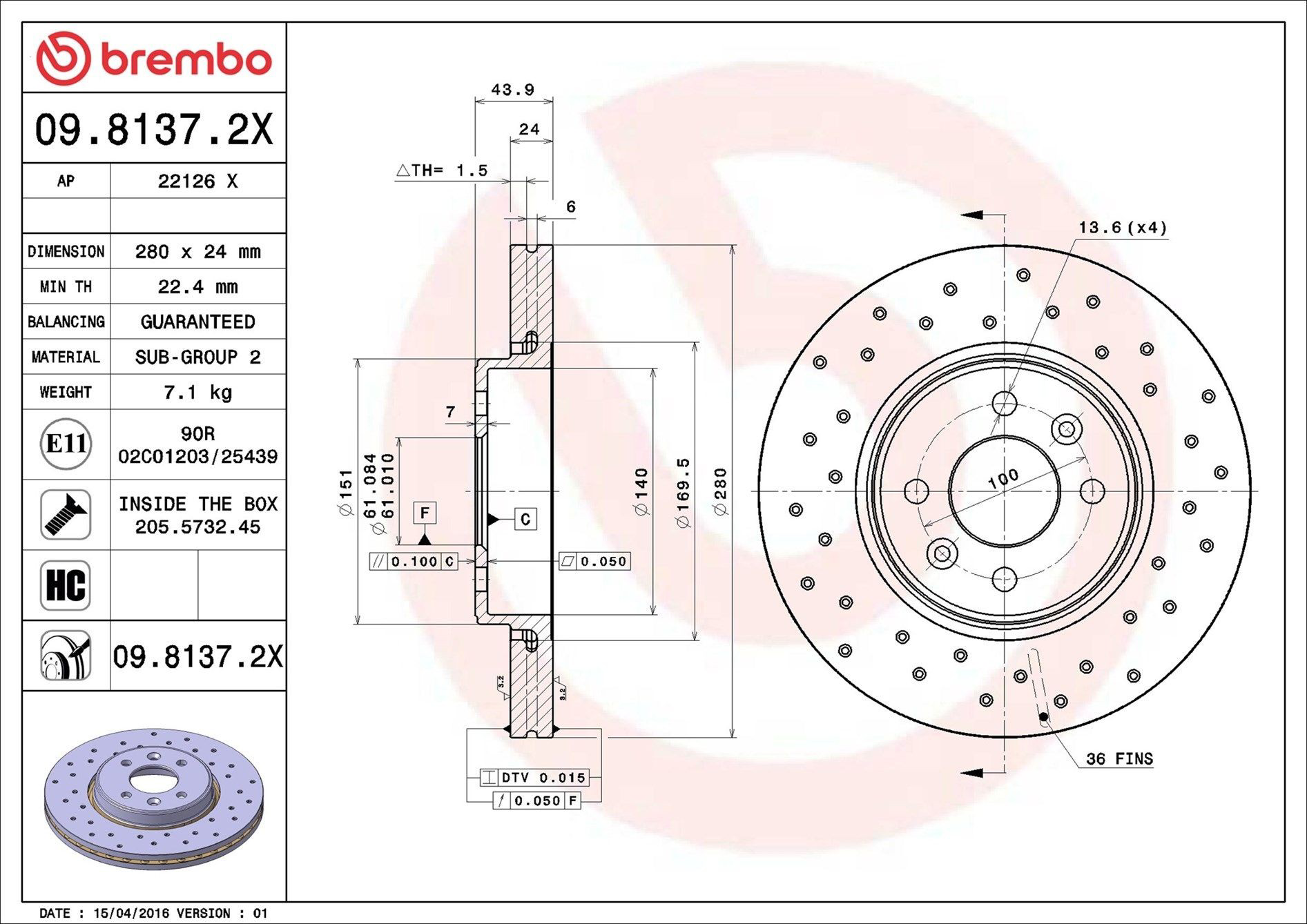 Передний тормозной диск Brembo 0981372X