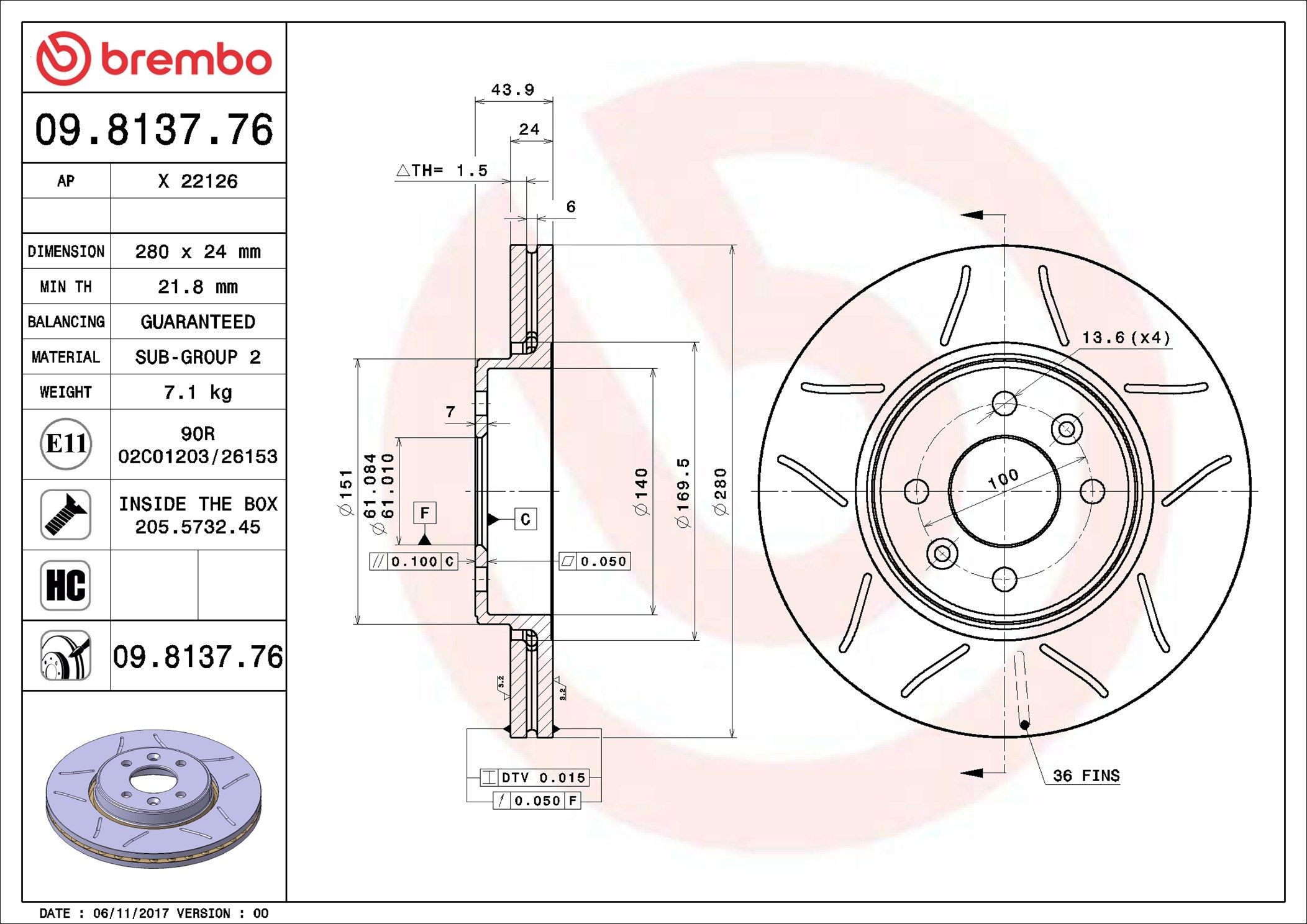 09813776 Brembo Диск тормозной передний