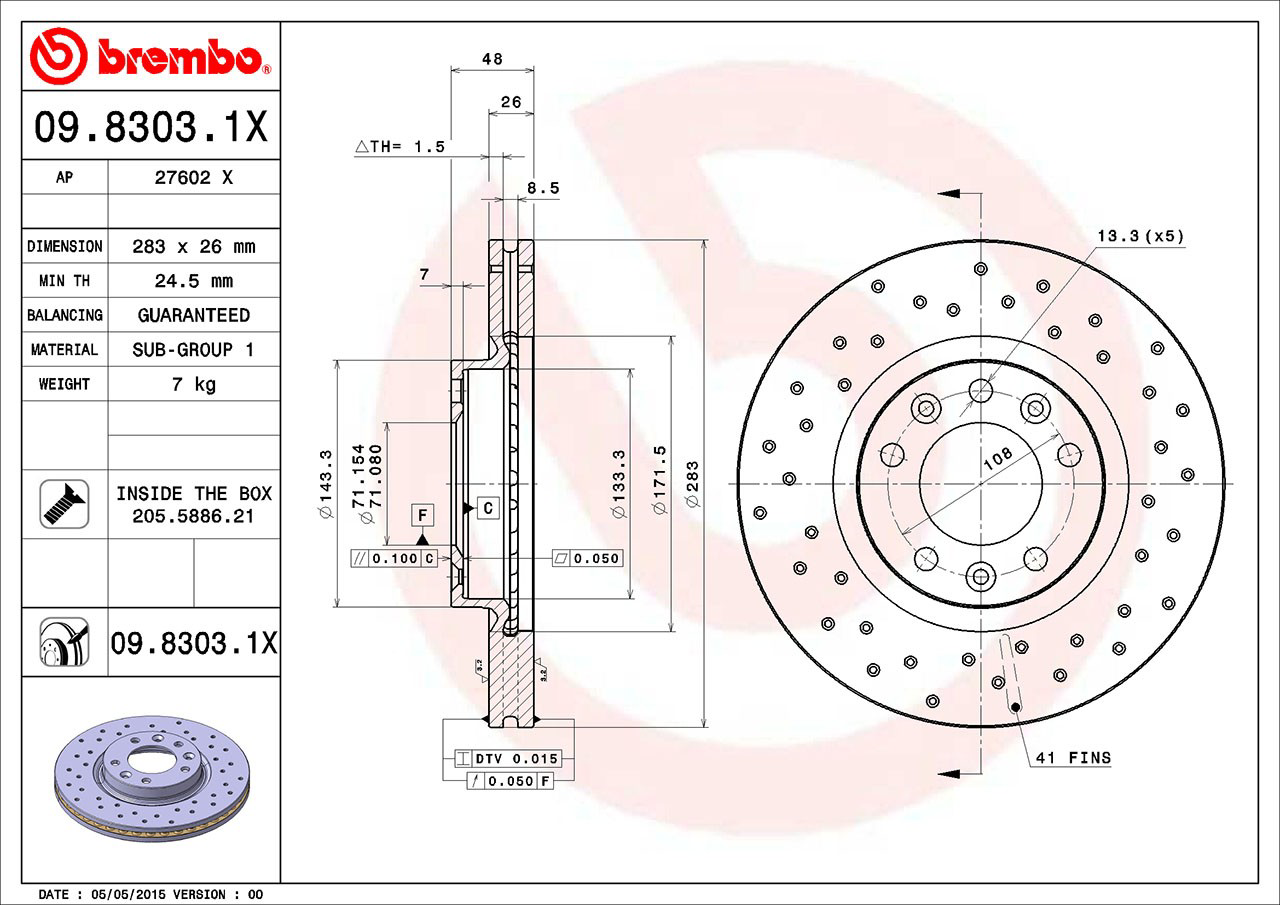 Передний тормозной диск Brembo 0983031X